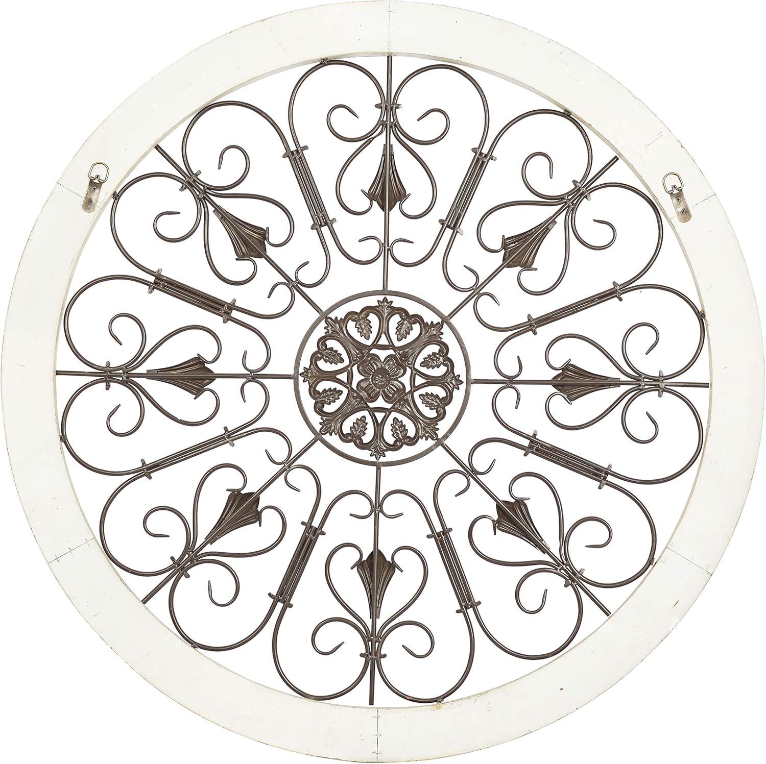 DecMode Brown Wood Arabesque Scroll Wall Decor with Metal Fleur De Lis Relief