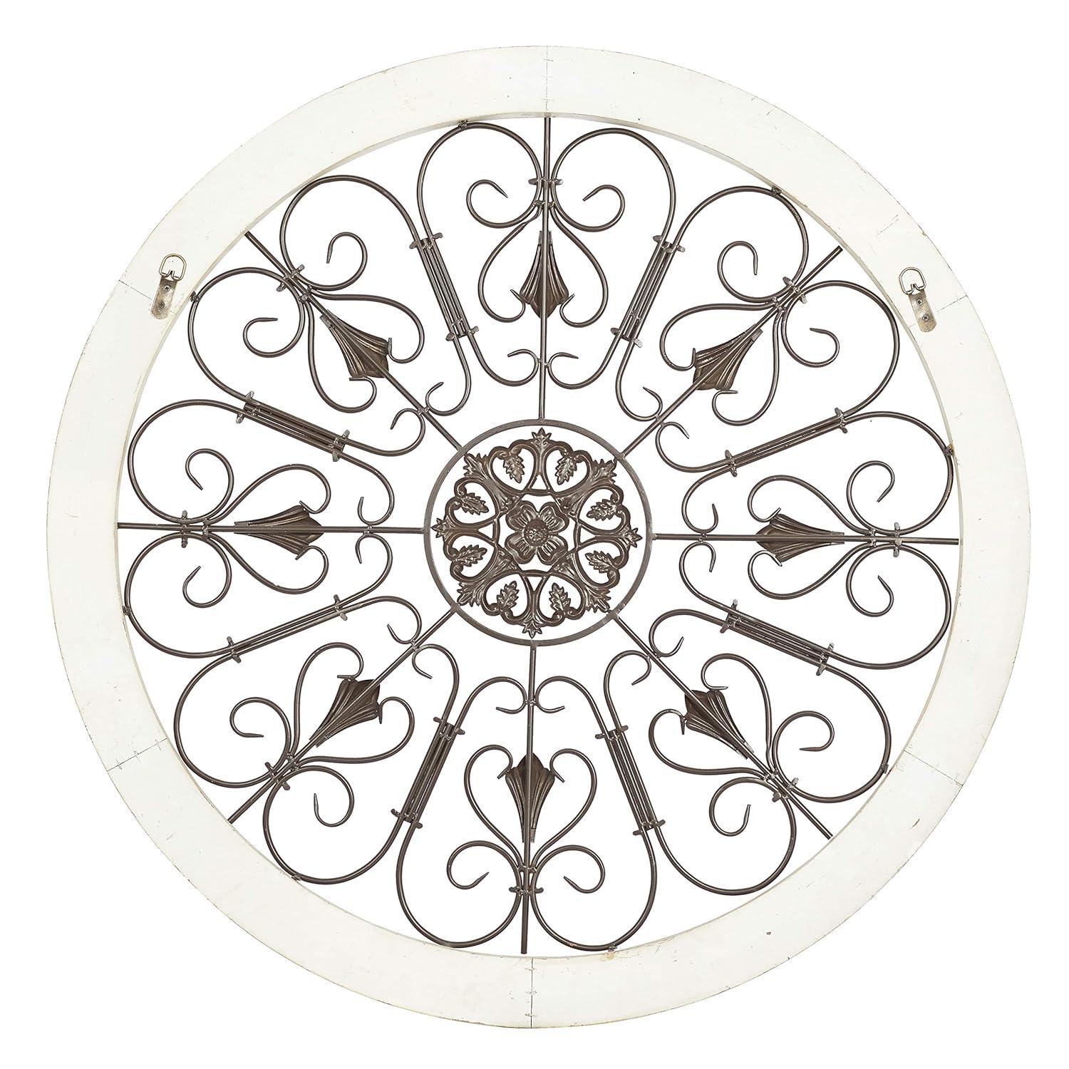 DecMode Brown Wood Arabesque Scroll Wall Decor with Metal Fleur De Lis Relief