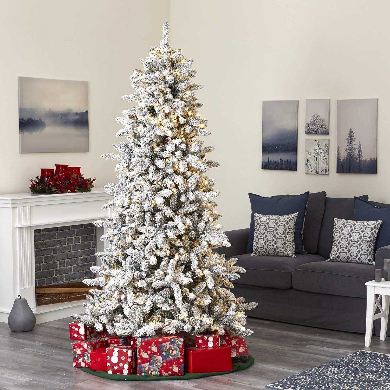 Nearly Natural 7.5' Pre-Lit LED Flocked Slim Livingston Fir with Pinecones, Electric Powered