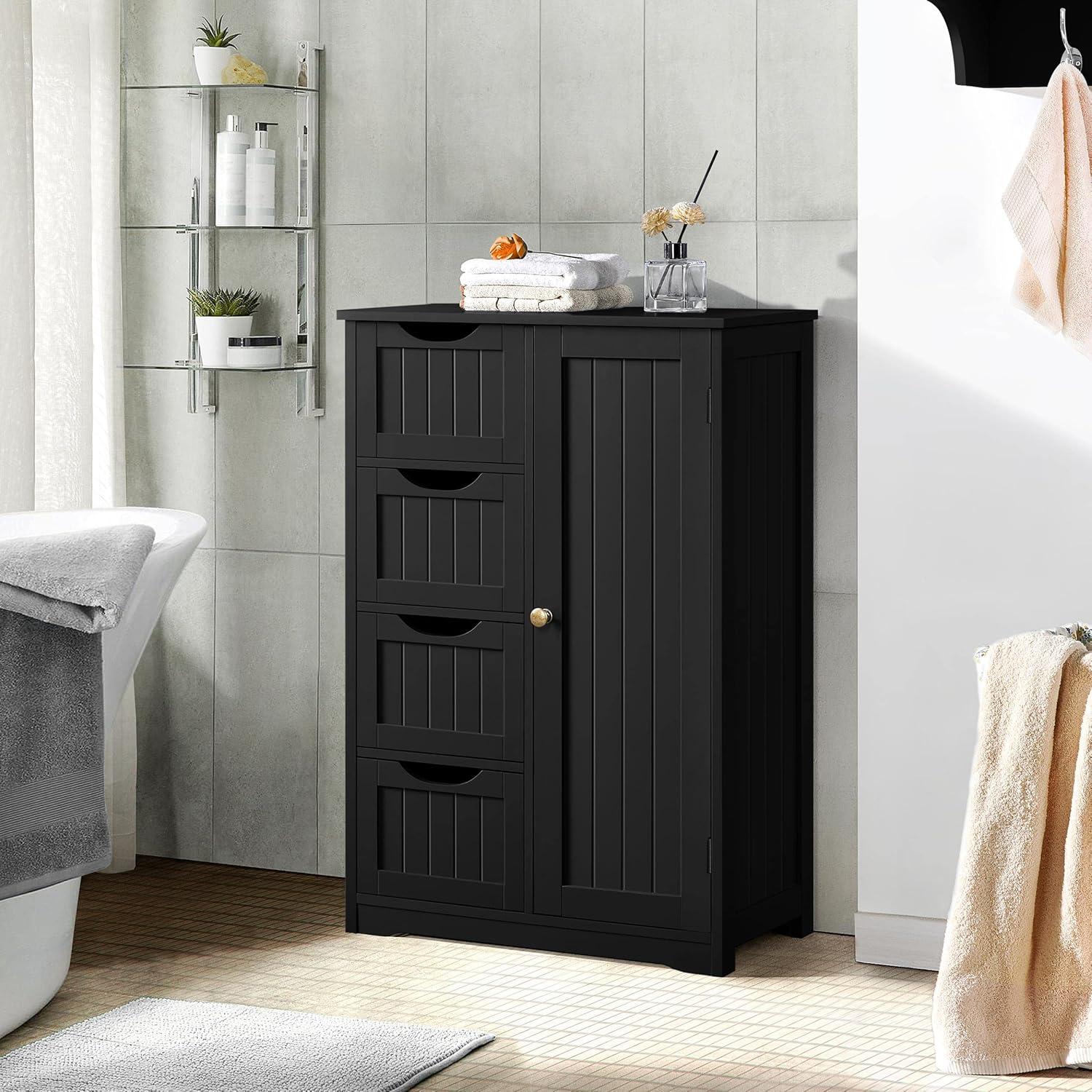 CodYinFI Wooden Bathroom Floor Cabinet, Free Standing Side Cabinet w/4 Drawers & 3 Tier Cupboard Storage Organizer Unit Hallway/Entryway Cabinet, Black