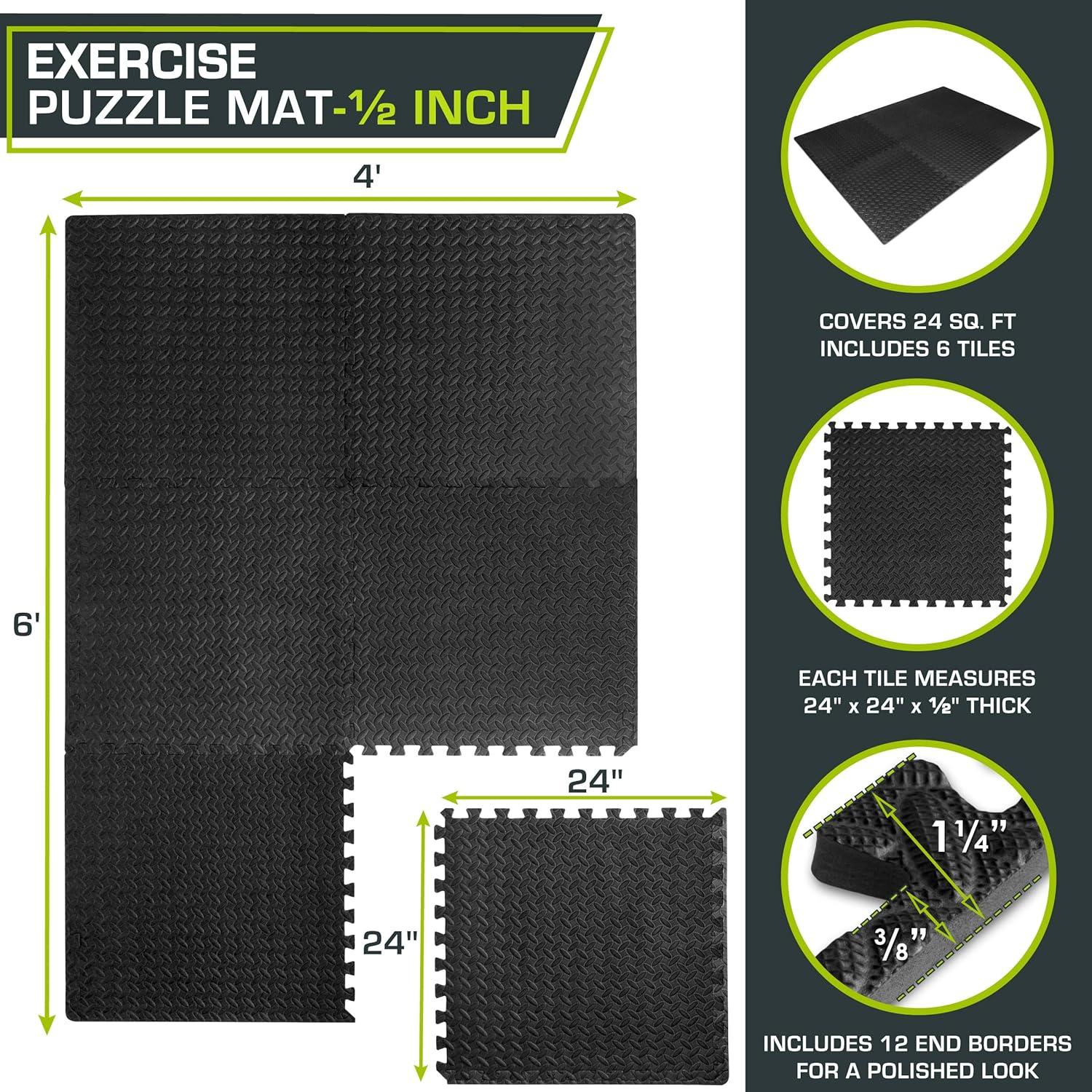 ProsourceFit Exercise Puzzle Mat, 24” x 24” x ½” Tiles