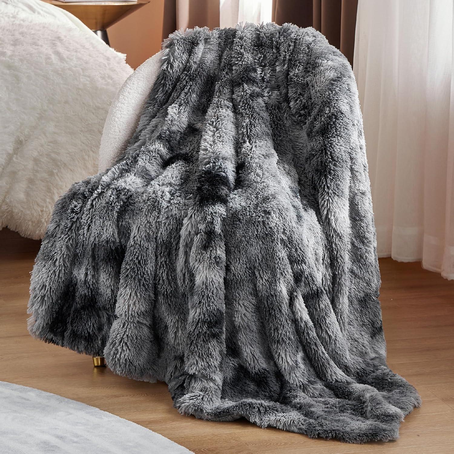 Soft Faux Fur Throw Blanket Grey - Tie - dye Fuzzy Fluffy Cozy Warm Plush Furry Shag Thick Sherpa Shaggy Throws and Blankets Couch, Sofa, Bed, 50x60 inches