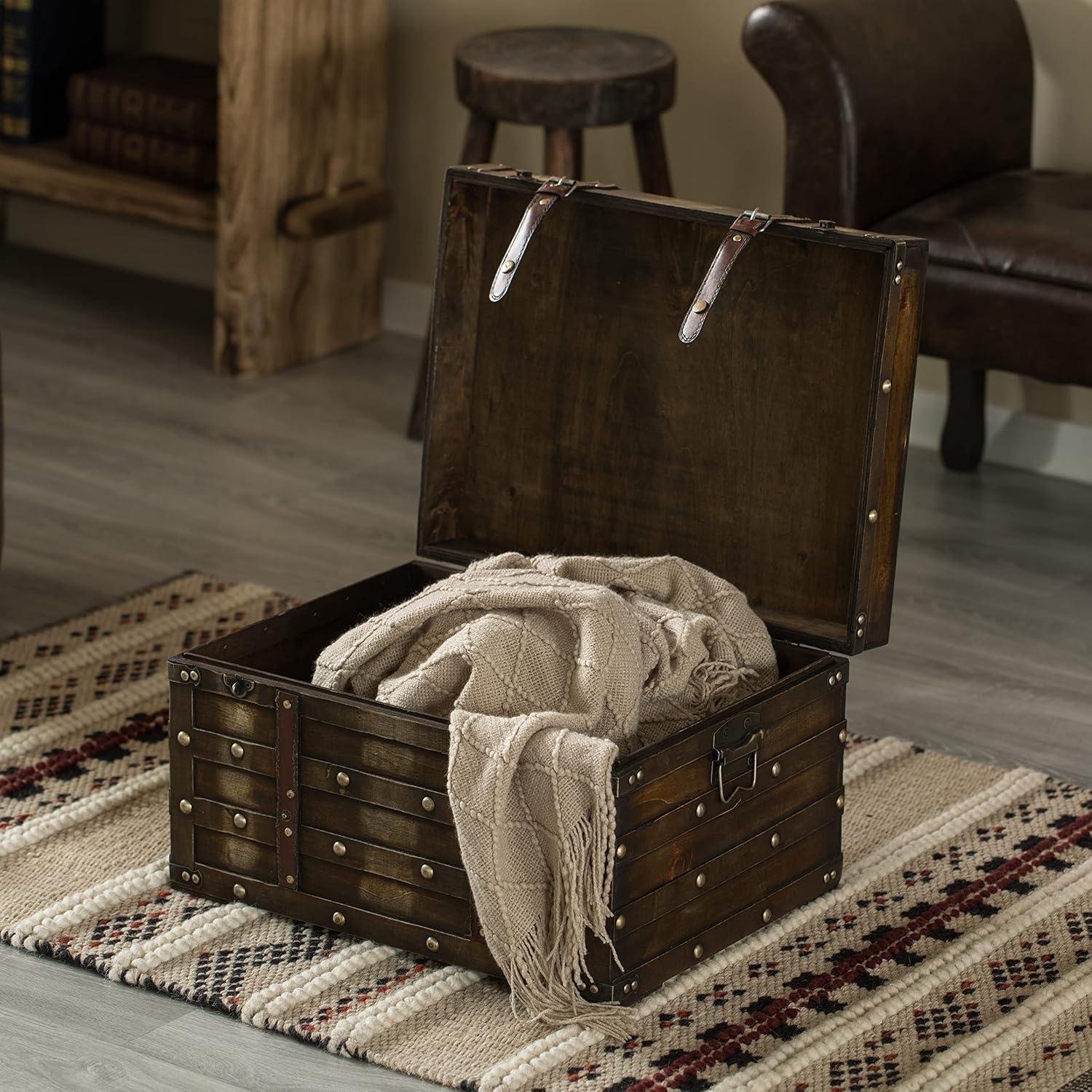 Large Distressed Brown Wooden Storage Trunk with Faux Leather Straps