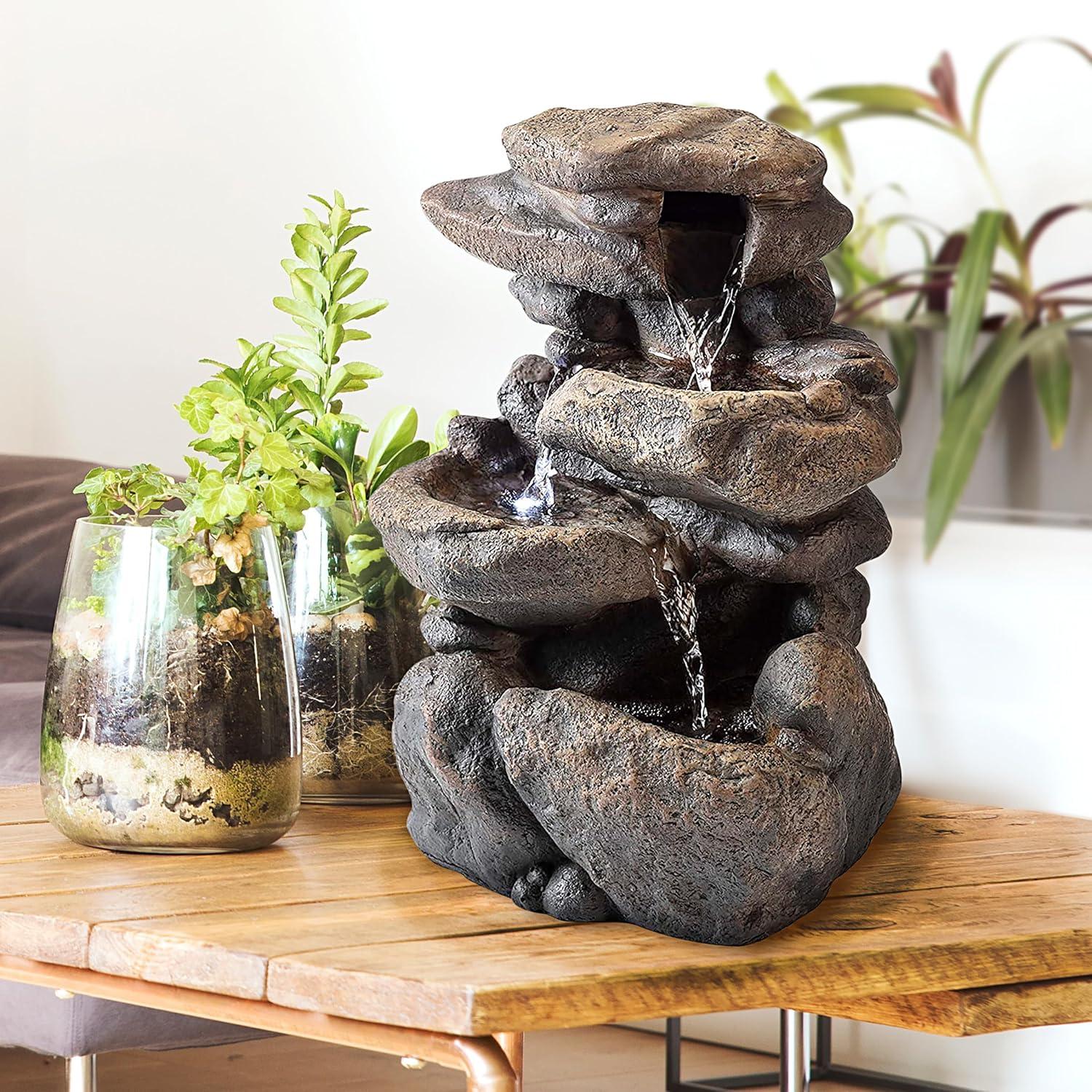 11" Gray Fiberglass 3-Tier Rock Tabletop Fountain with LED Light