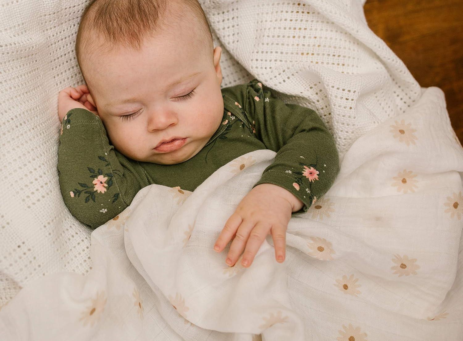 Lulujo Baby Swaddle Blankets | Unisex Softest Breathable Cotton Muslin Swaddle Blanket Set | Neutral Receiving Blanket for Girls & Boys | 40in x 40in | Daisies & Greenery | 2-Count