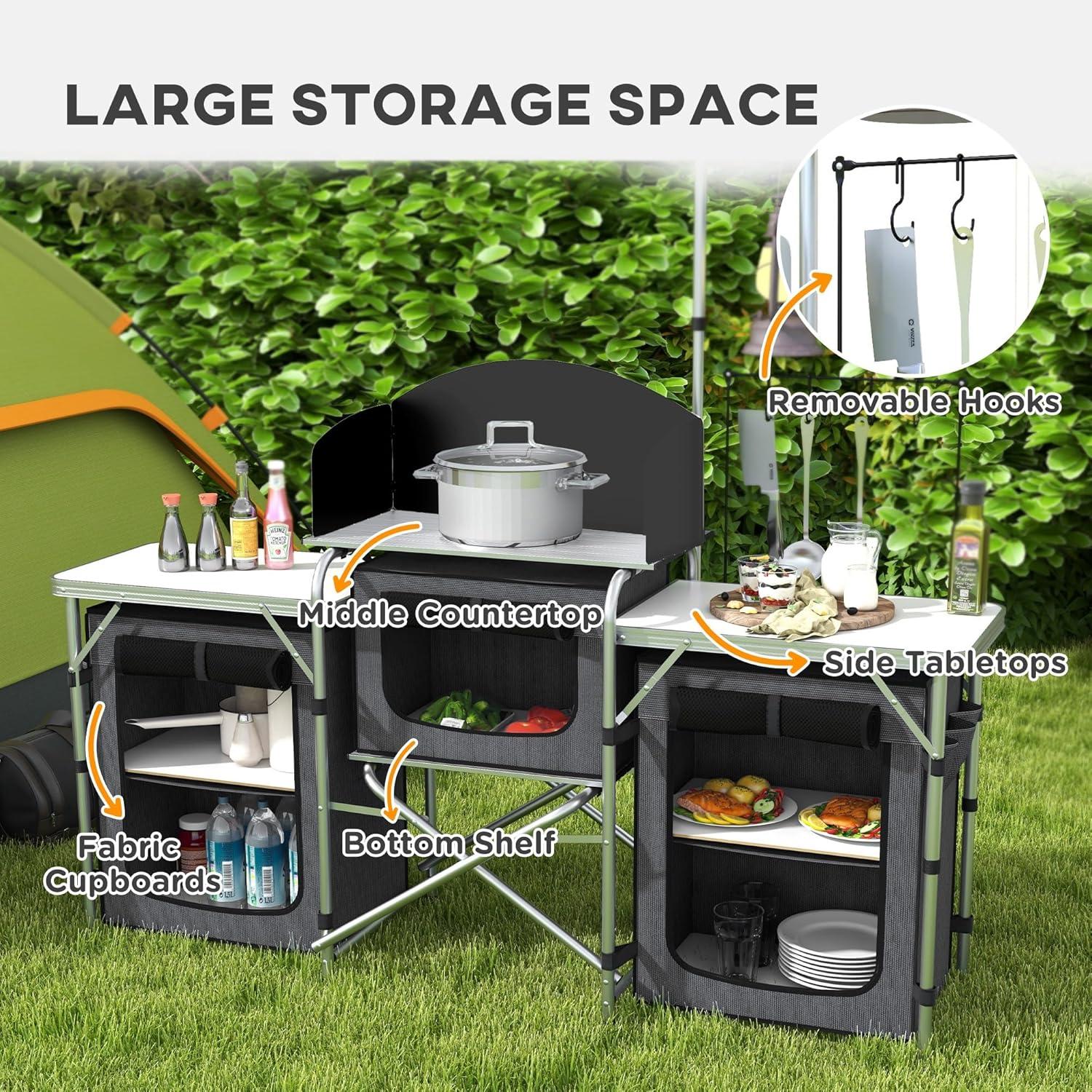 Outsunny Camping Kitchen Table, Portable Folding Camp Kitchen, Aluminum Cook Station with 3 Fabric Cupboards, Windshield, Carrying Bag, Black