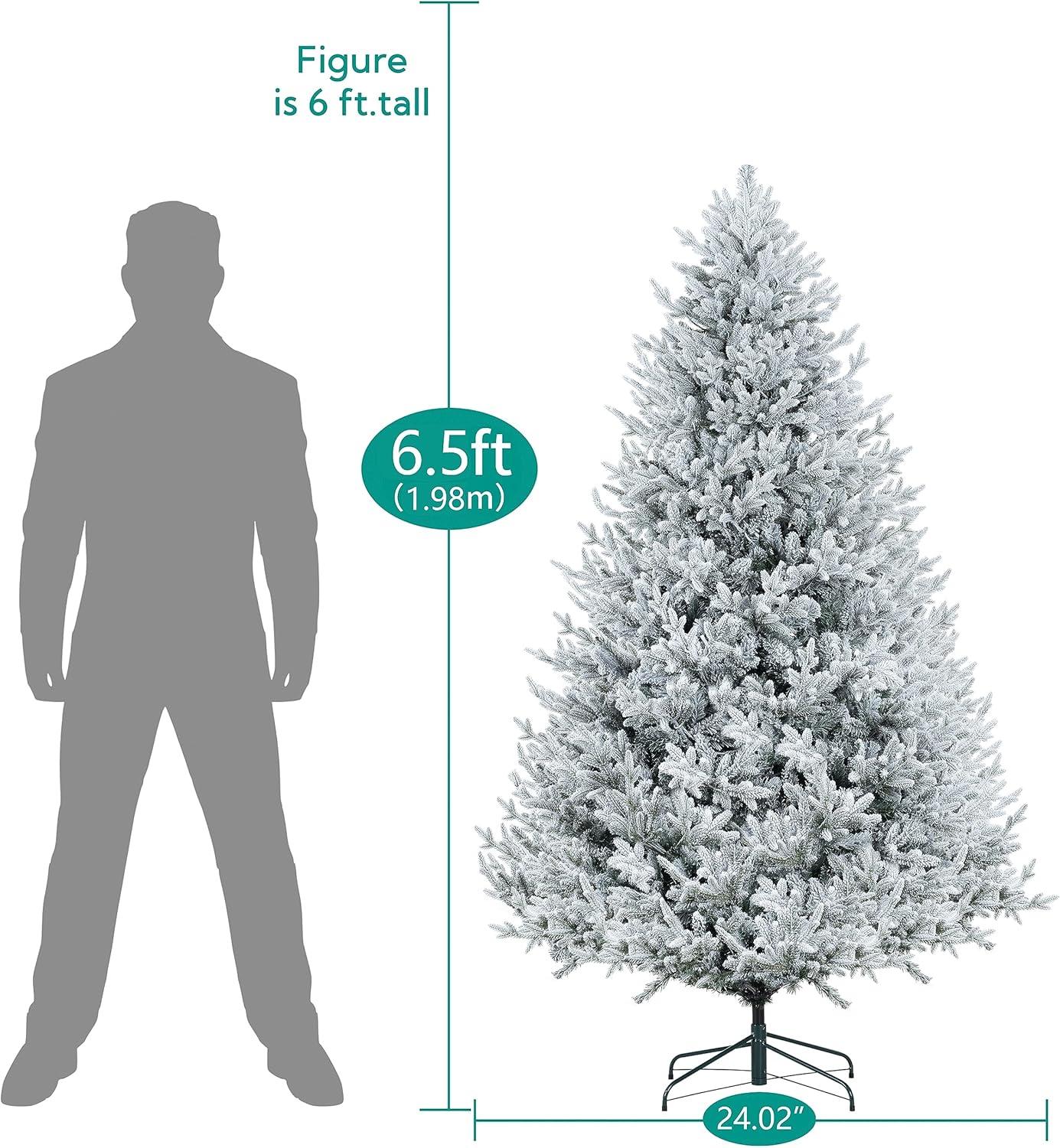 Naomi Home 6.5ft Frosted Christmas Tree with Lights, Realistic Snow Flocked Christmas Tree Prelit with 2456 Branch Tips, 450 Warm Lights and Metal Stand, Aritificial Christmas Tree