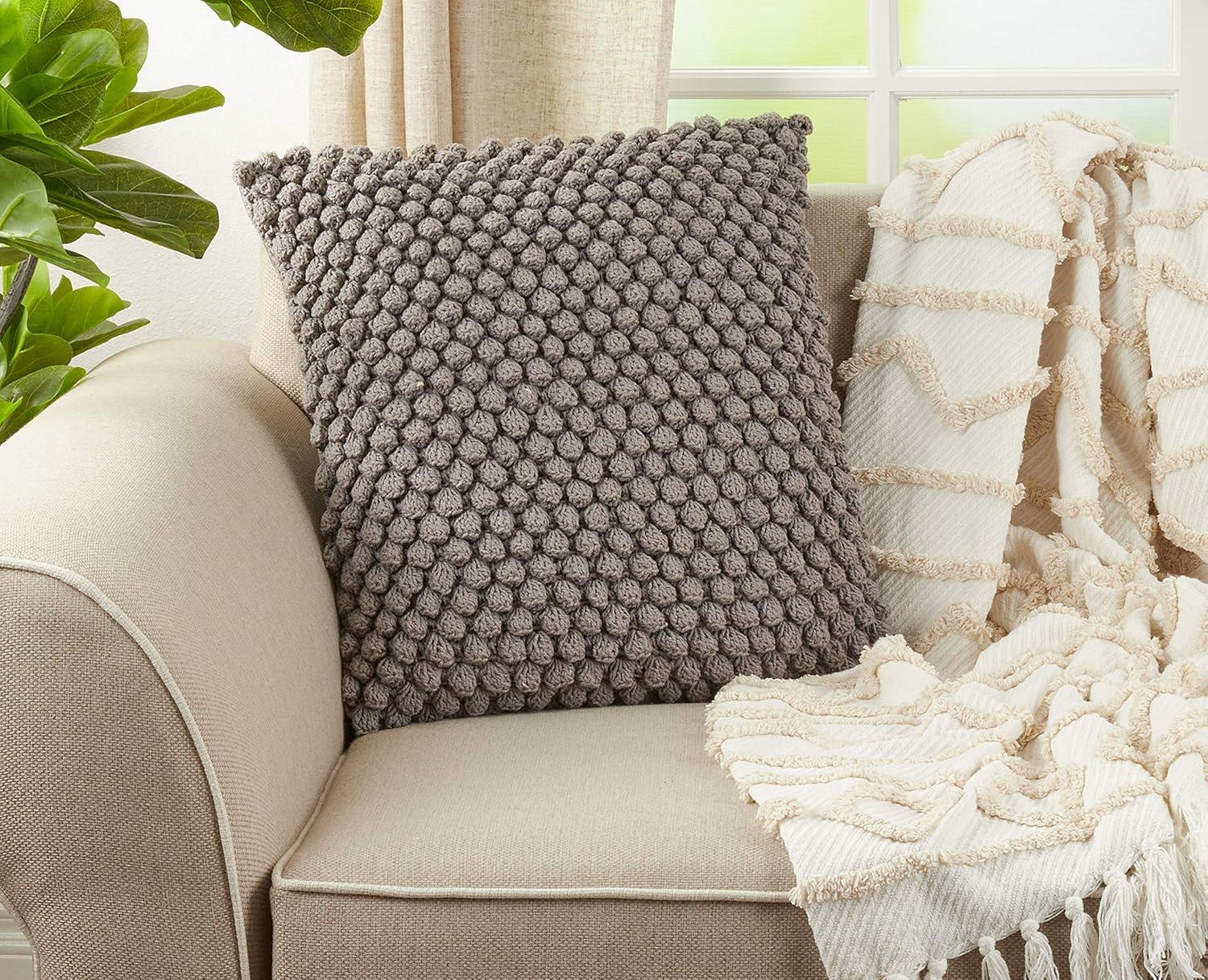 20"x20" Oversize Down Filled Crochet Pom-Pom Square Throw Pillow - Saro Lifestyle