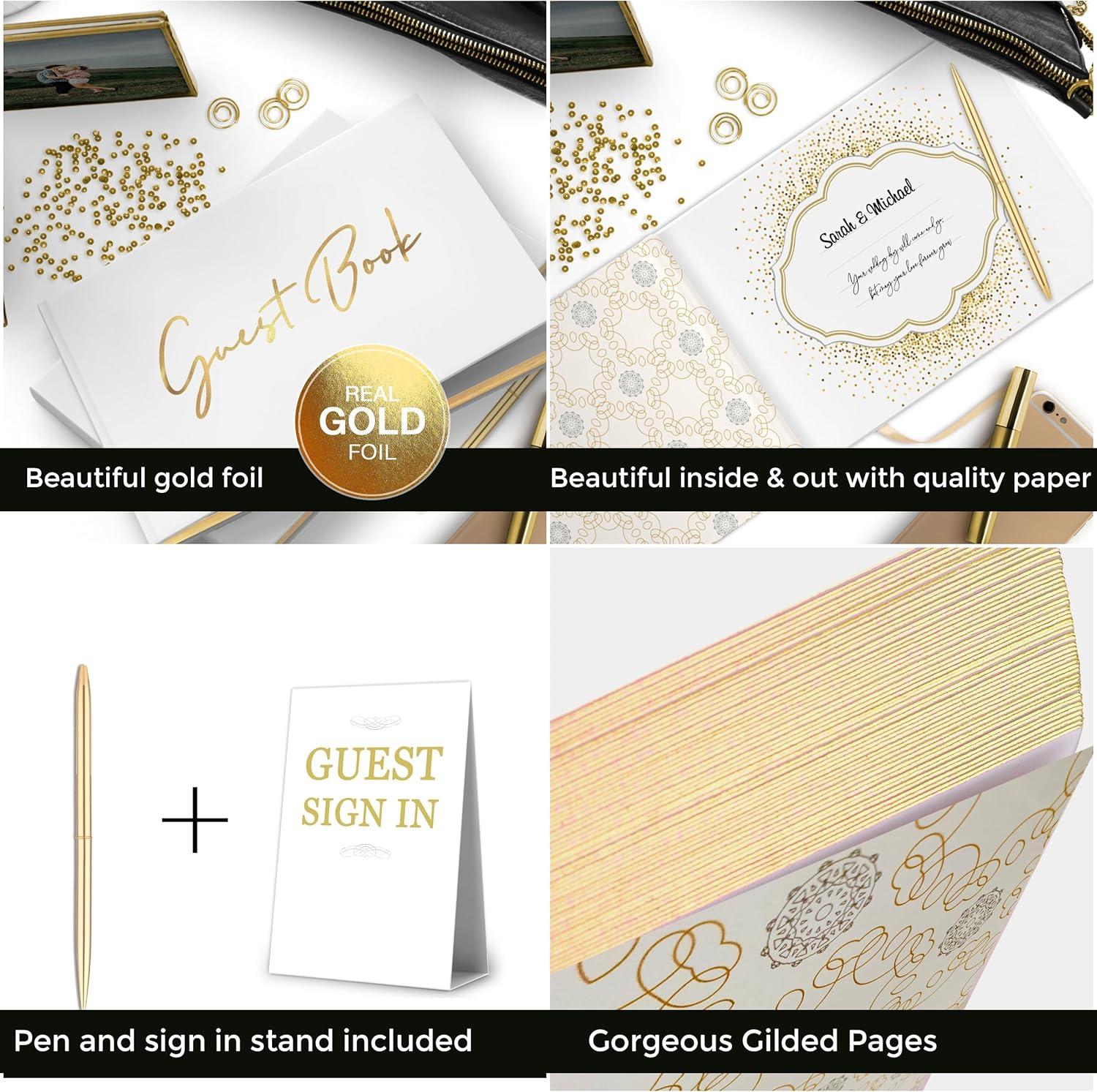 Merry Expressions Gold Guest Book & Pen - 9"x7" Hardcover White Polaroid Book 100 Page/50 Sheets - F Gilded Edges for Guests & Visitors to Sign at a Wedding, Party, Baby or Bridal Shower