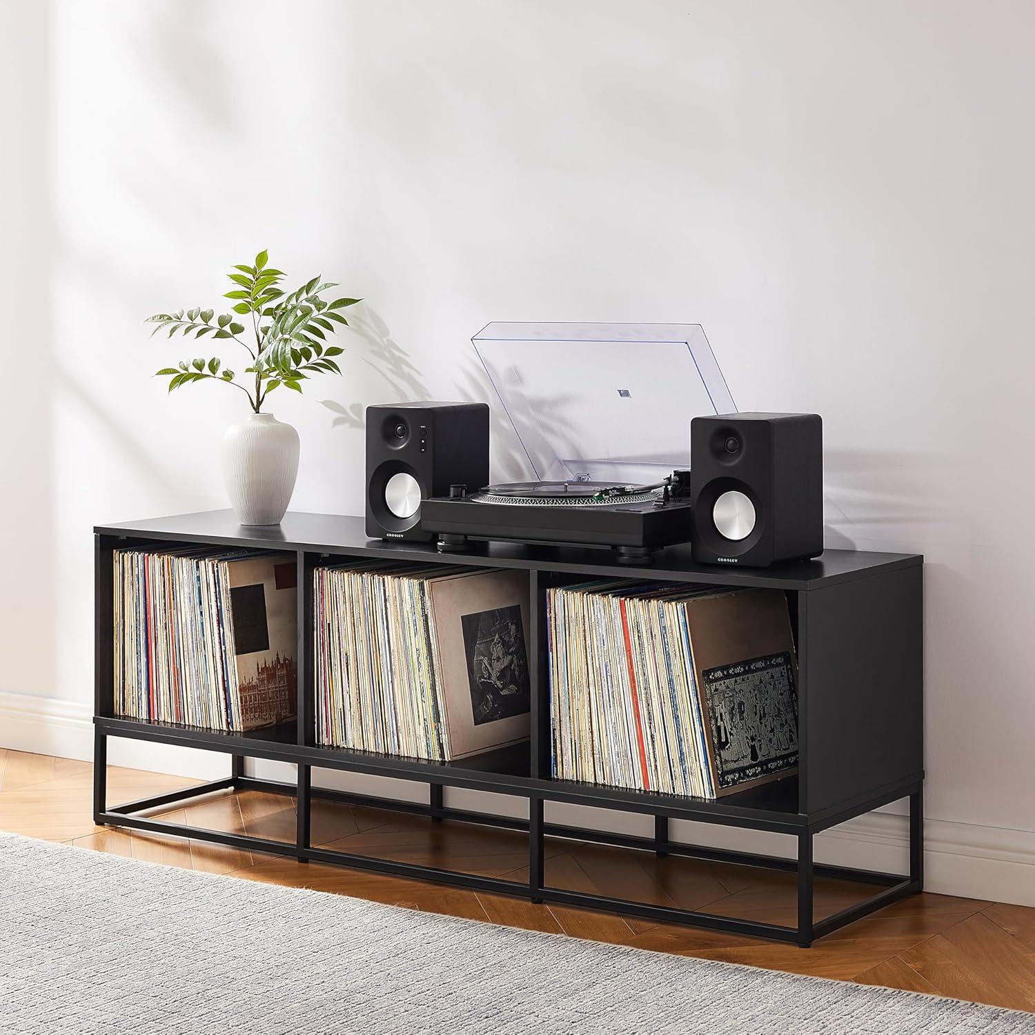 Crosley 60" Enzo Large Record Storage Media Console Black: Modern Industrial Style, Melamine Veneer, Steel Legs