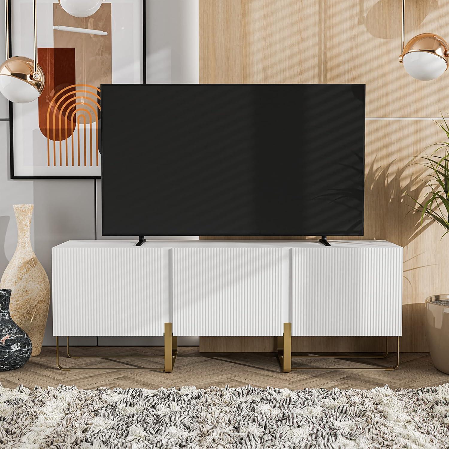 Mignon Contemporary Modern  60" TV Stand with 3 Storage Cabinets, Fits 65 Inches, Entertainment Center Console for Family, Living Room & Bedroom, Metal Legs, White