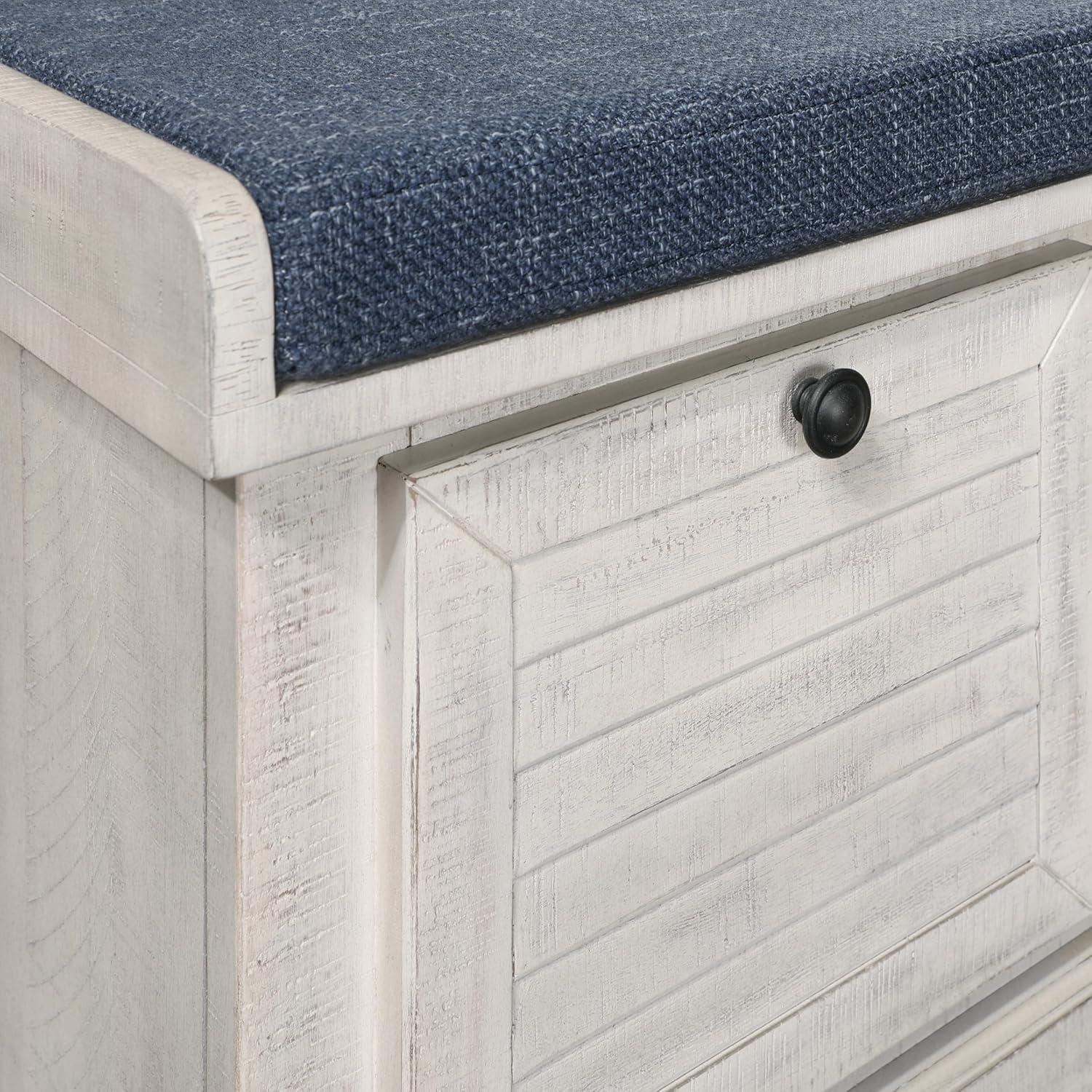 Dover Storage Bench in Wood Distress White with Navy Fabric Cushion ASM