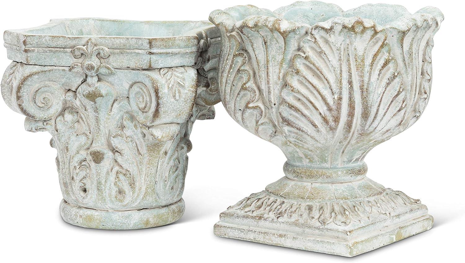 7.5" Grey Cement Ornate Grecian Pedestal Planter