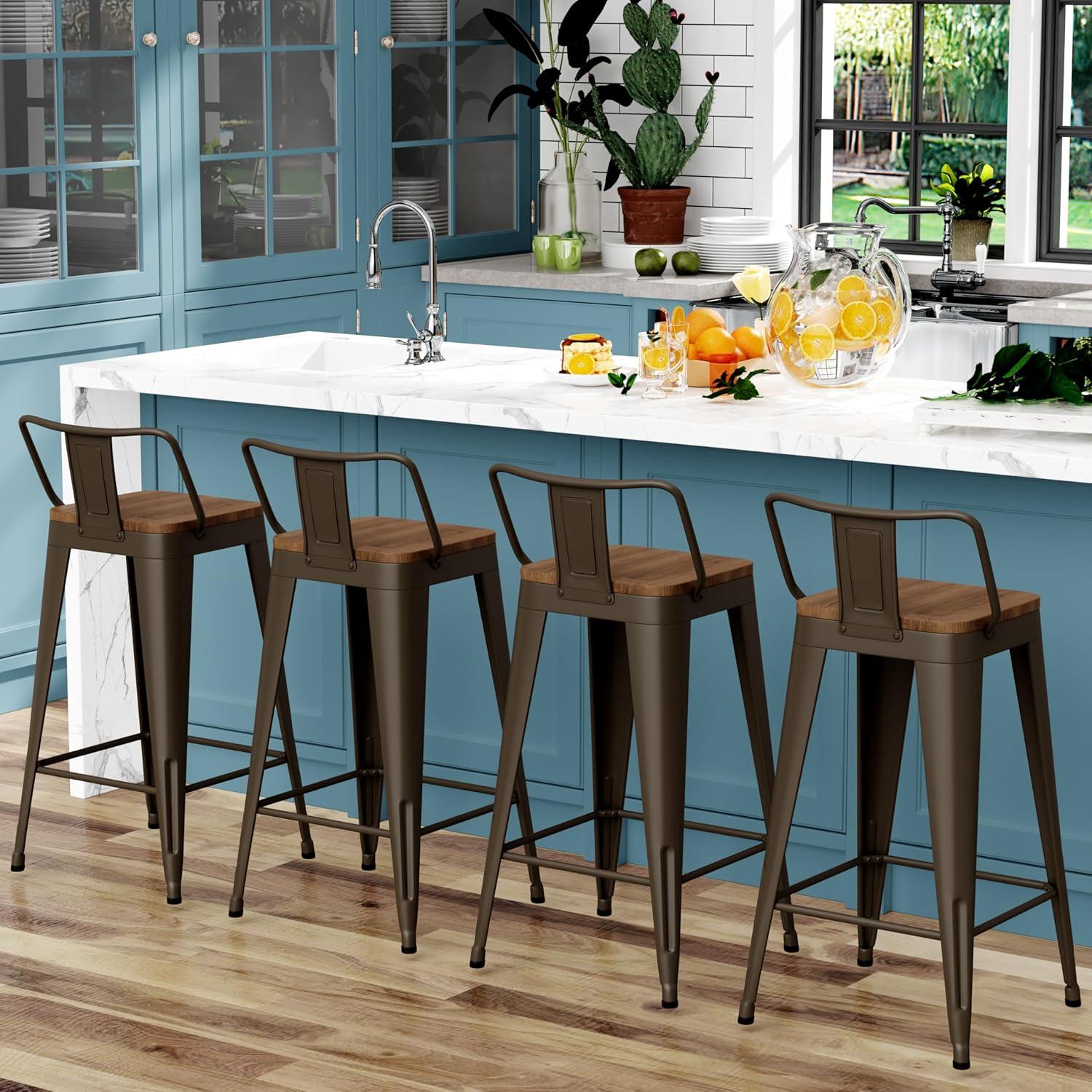 WENTMENT Bar Stools Set of 4 Counter Height Bar Stools Metal Barstools with Removable Back 30" Kitchen Bar Stools with Wooden Seat, Rusty