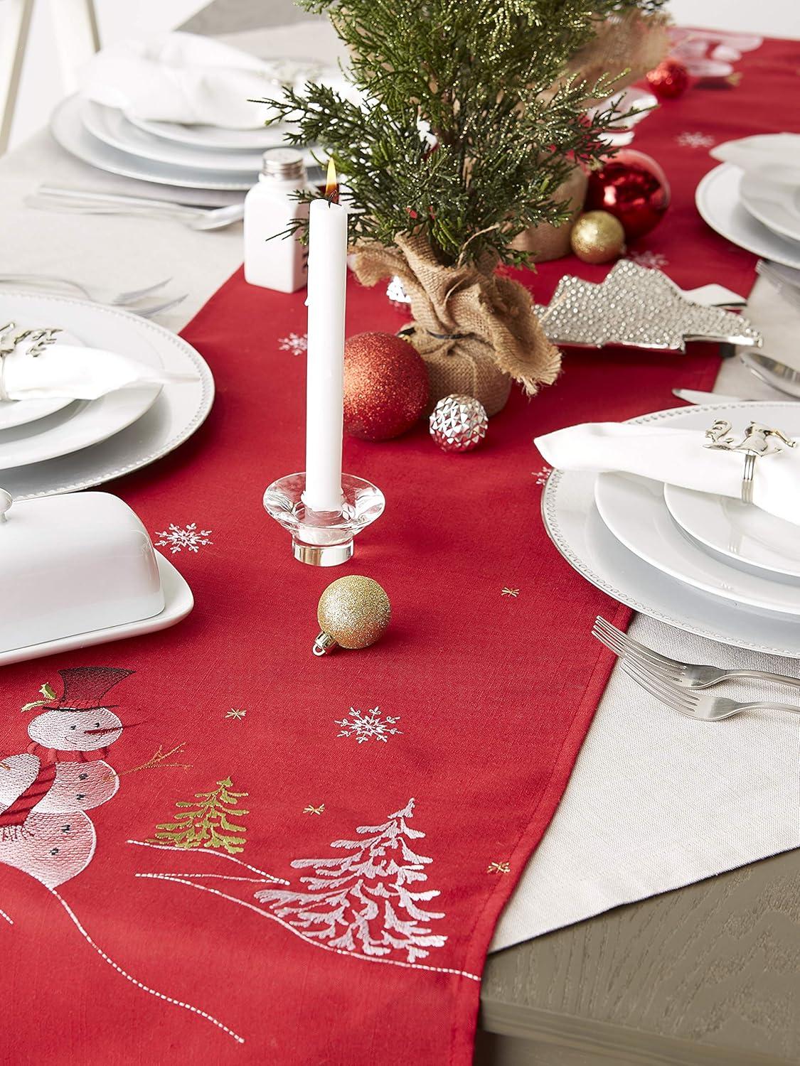 DII Embroidered Holiday Table Décor Collection Christmas Kitchen, Snowman Table Runner, 14x70, Red