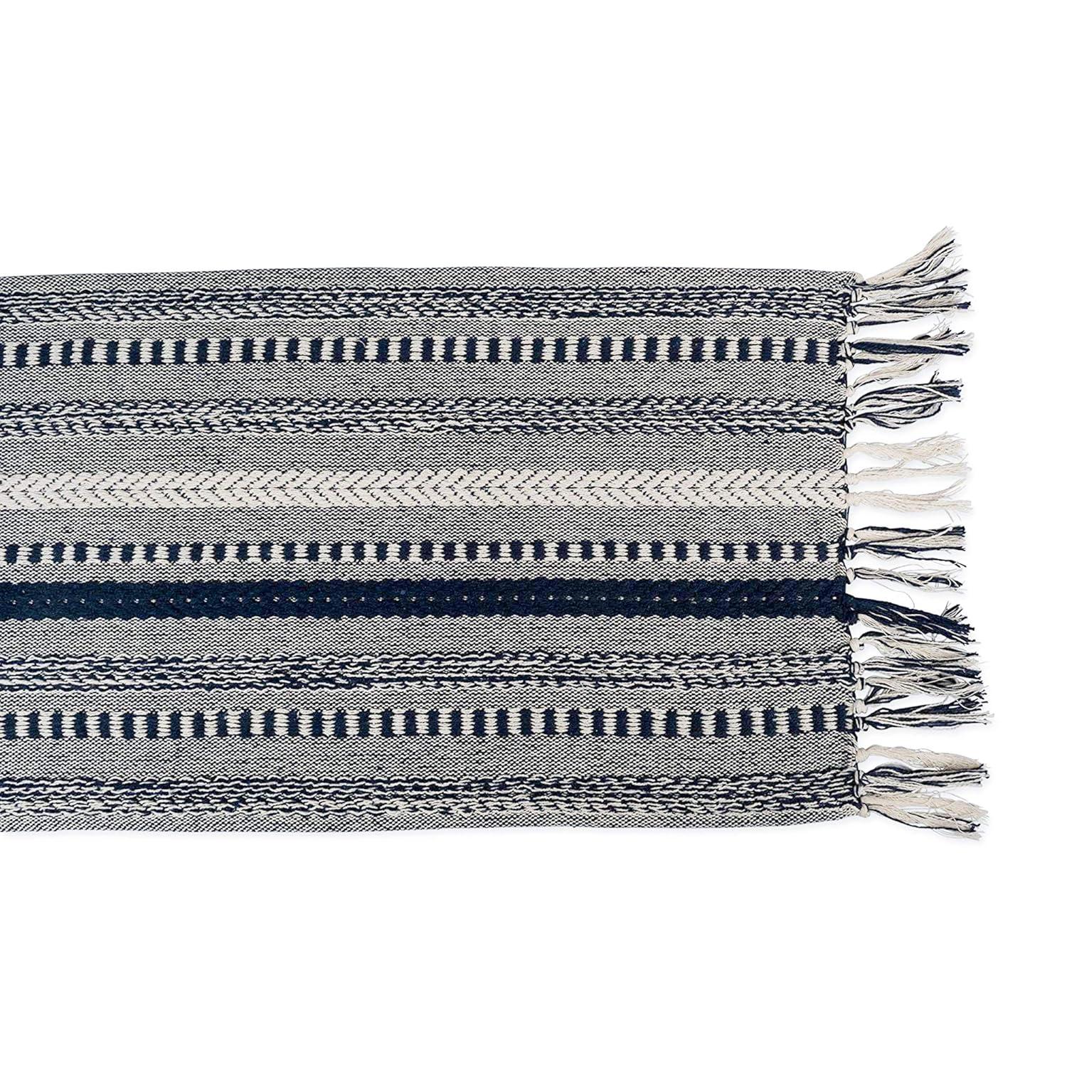 Design Imports  Braided Stripe Jacquard Fringe Table Runner, 15X108", Navy Blue