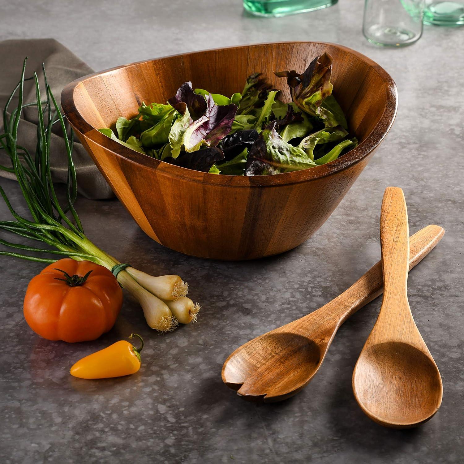 Sherwood Acacia Wood Salad Bowl with Serving Utensils, 10.25"