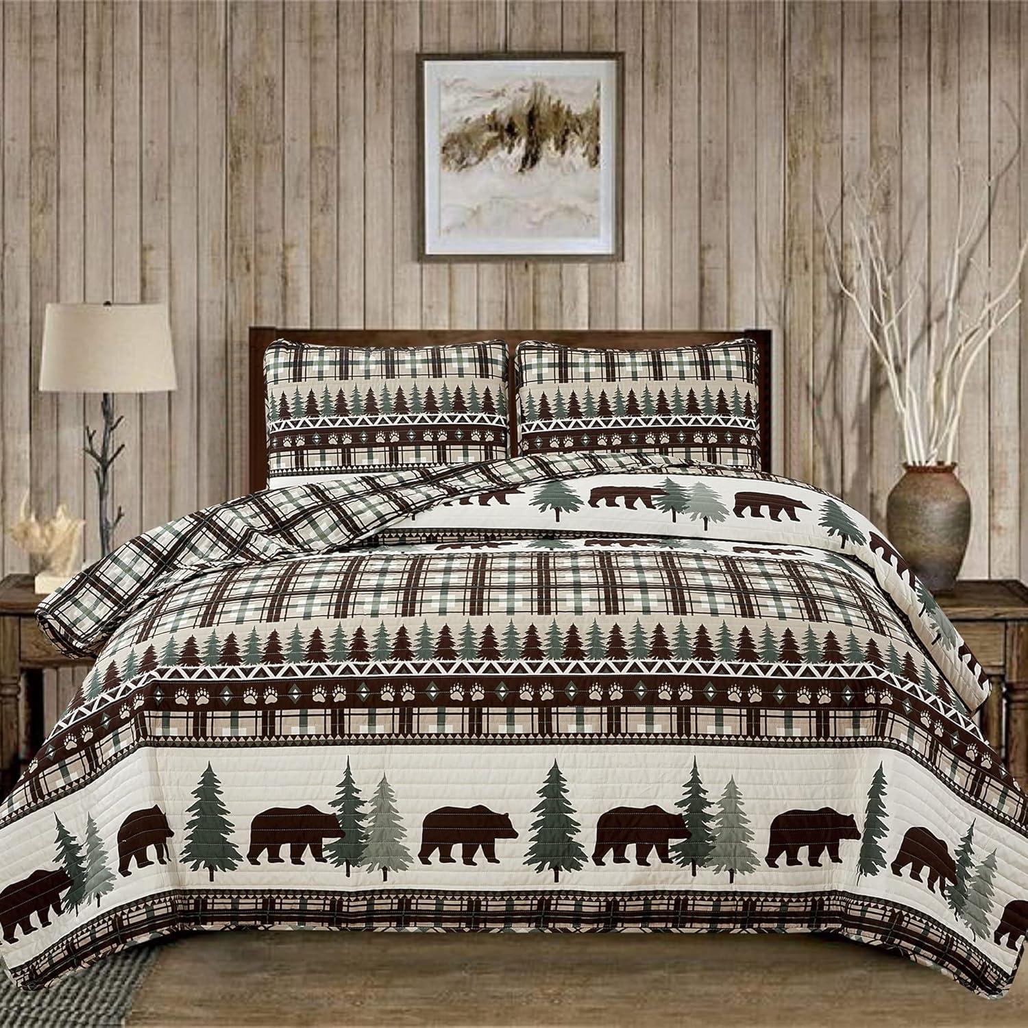 Twin Chocolate and Green Reversible Lodge Plaid Quilt Set