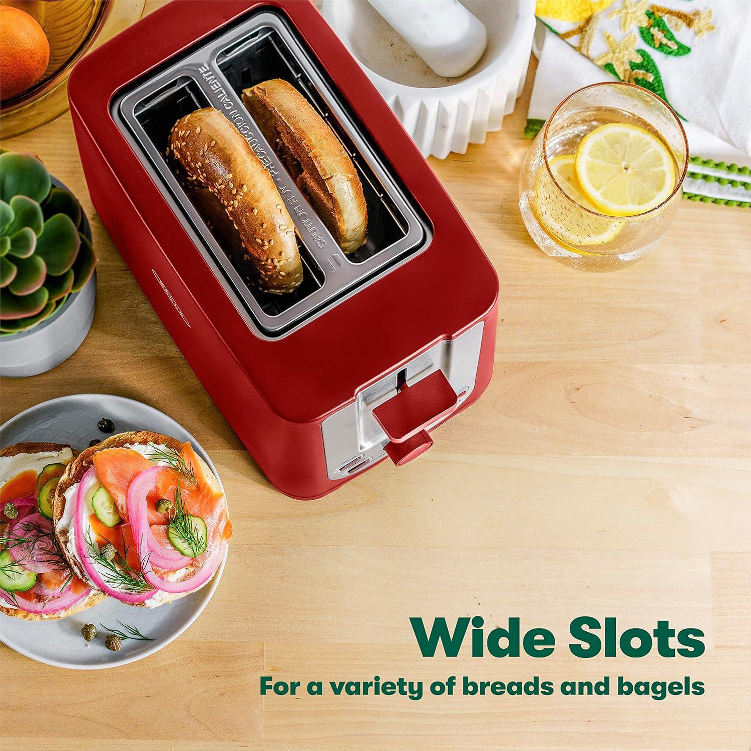 Red Stainless Steel 2-Slice Toaster with Wide Slots and Crumb Tray