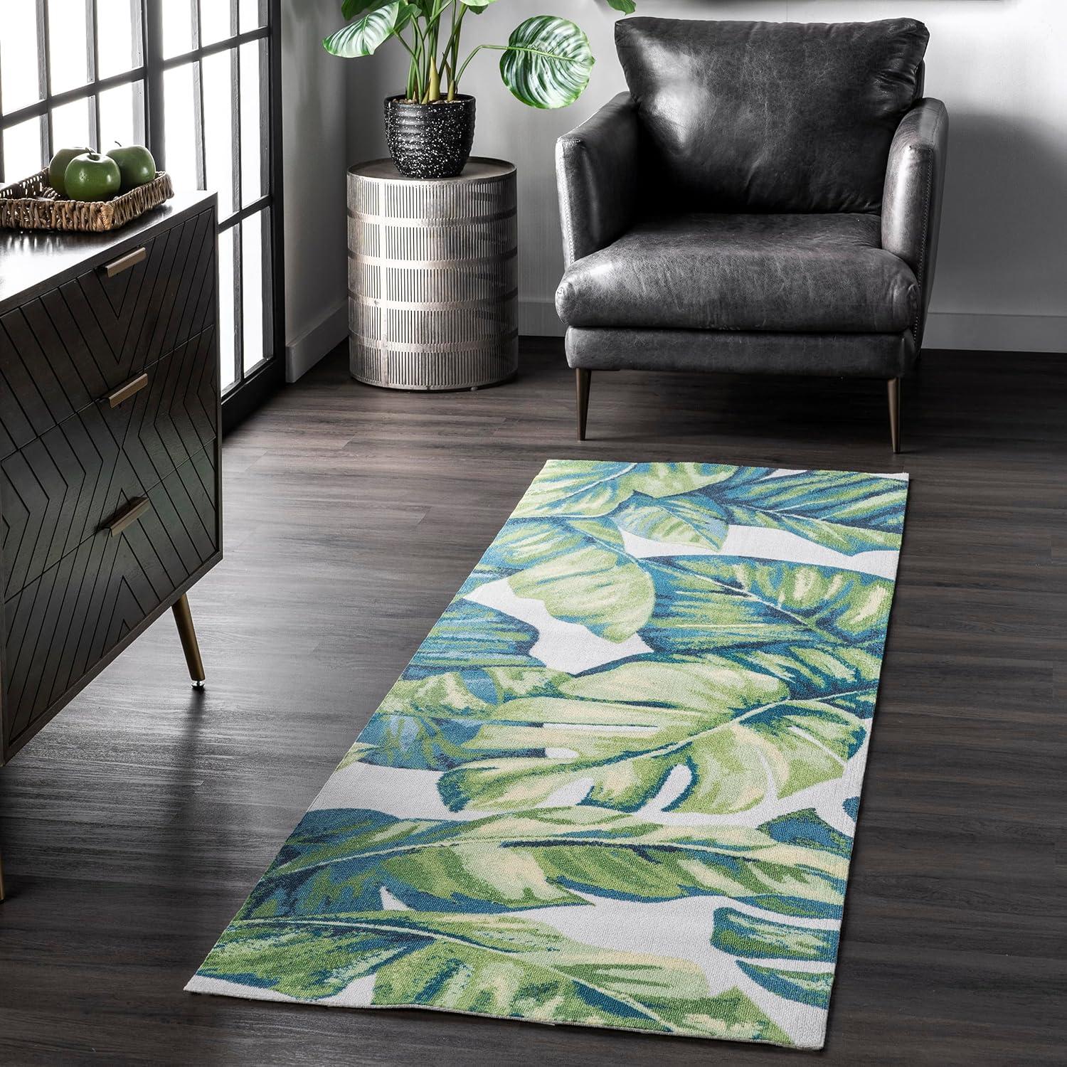 Tropical Leaf Design Reversible Indoor/Outdoor Blue Runner Rug, 2'6" x 10'