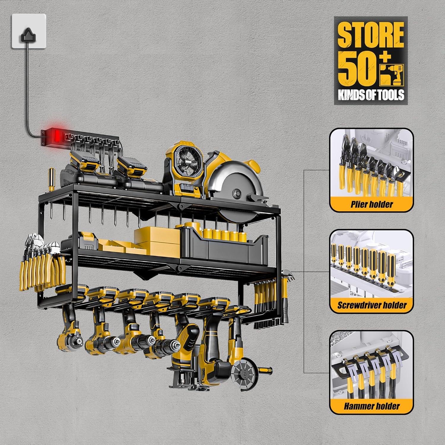 Power Tool Organizer, 7 Drill Holder for Tool Organizer, Storage and Organization for Garage, Heavy Duty Metal Tool Shelf Utility Rack for Cordless Power Tools Suitable for Pegboard/Workshop