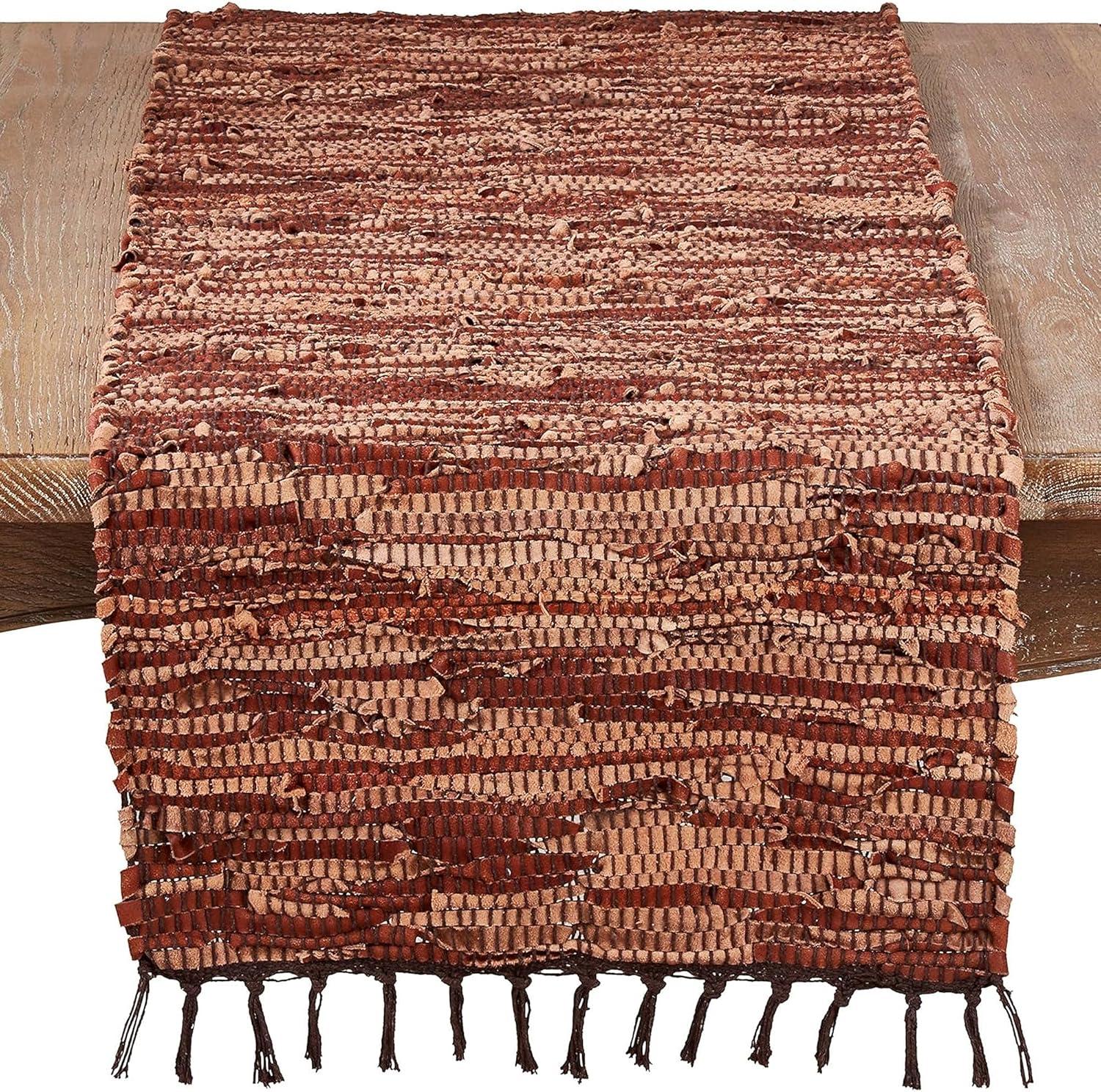 Saro Lifestyle Brown Leather Chindi Table Runner