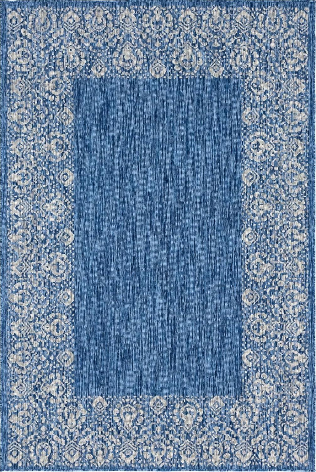 Unique Loom Outdoor Border Collection Area Rug - Floral Border (6' 1" x 9' Rectangle Blue/Ivory)