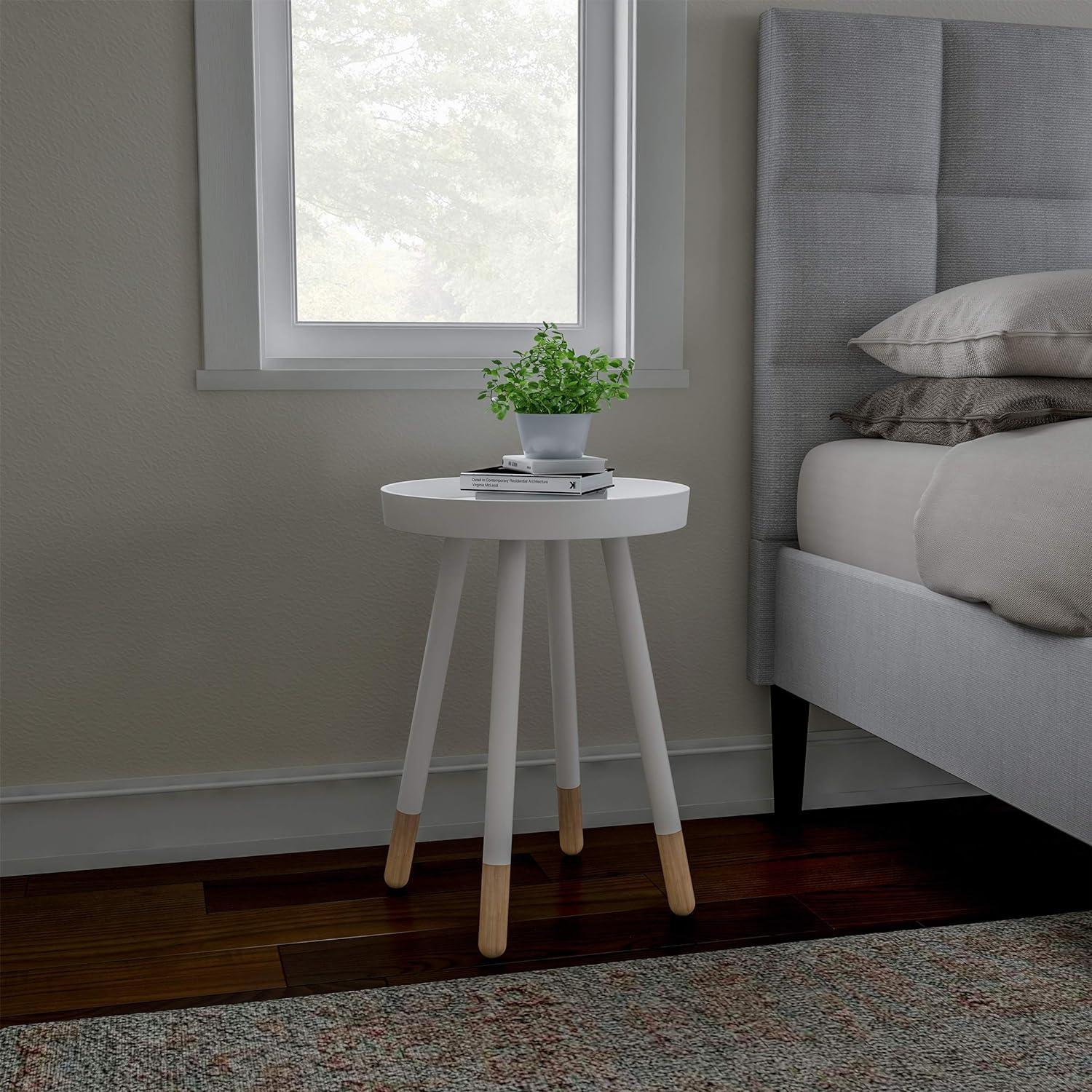 Mid-Century Modern Pine Wood Round End Table with Tray Top