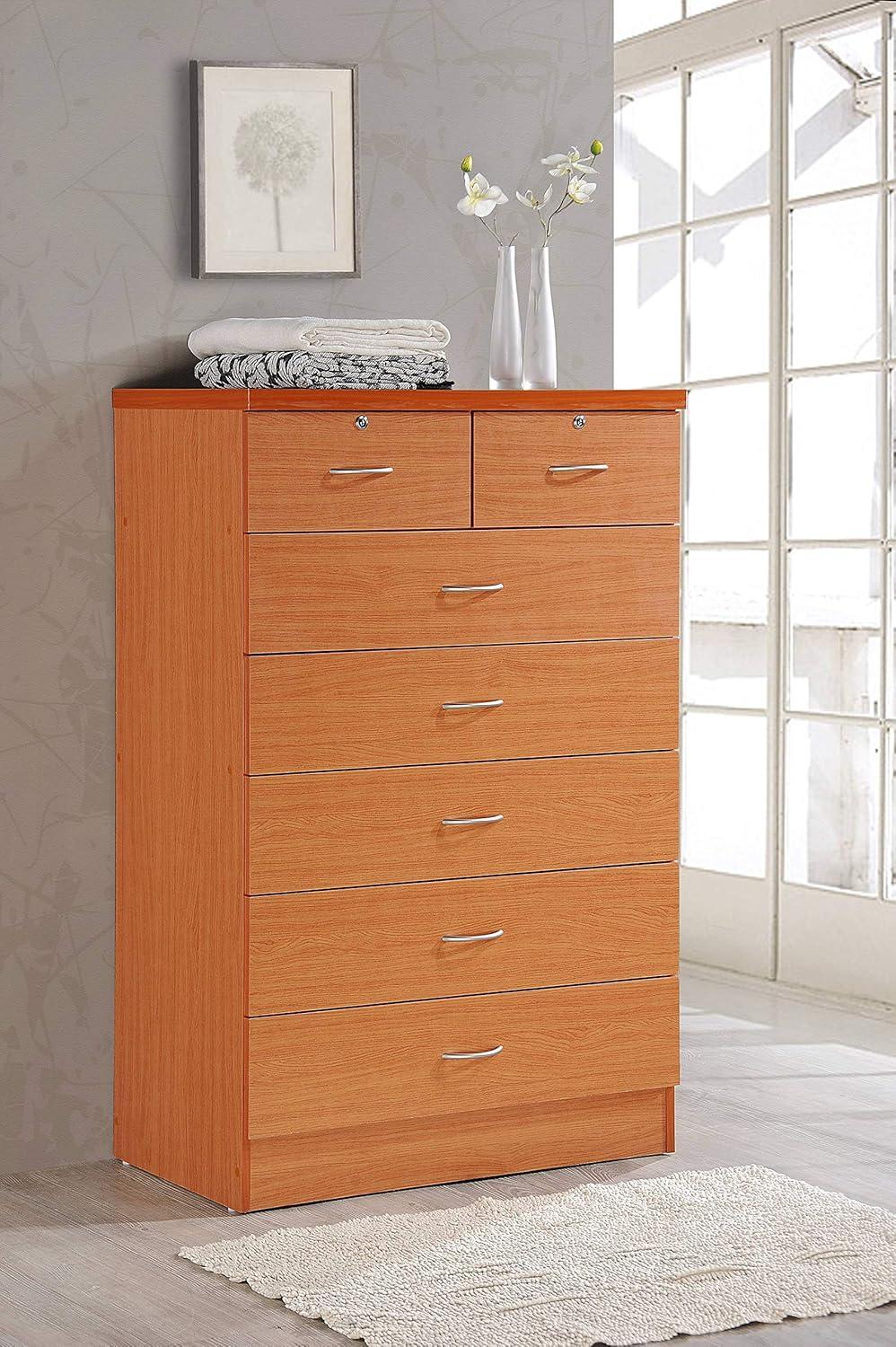 Hodedah 7 Drawer Wooden Jumbo Dresser Chest with 2 Top Locks, Cherry