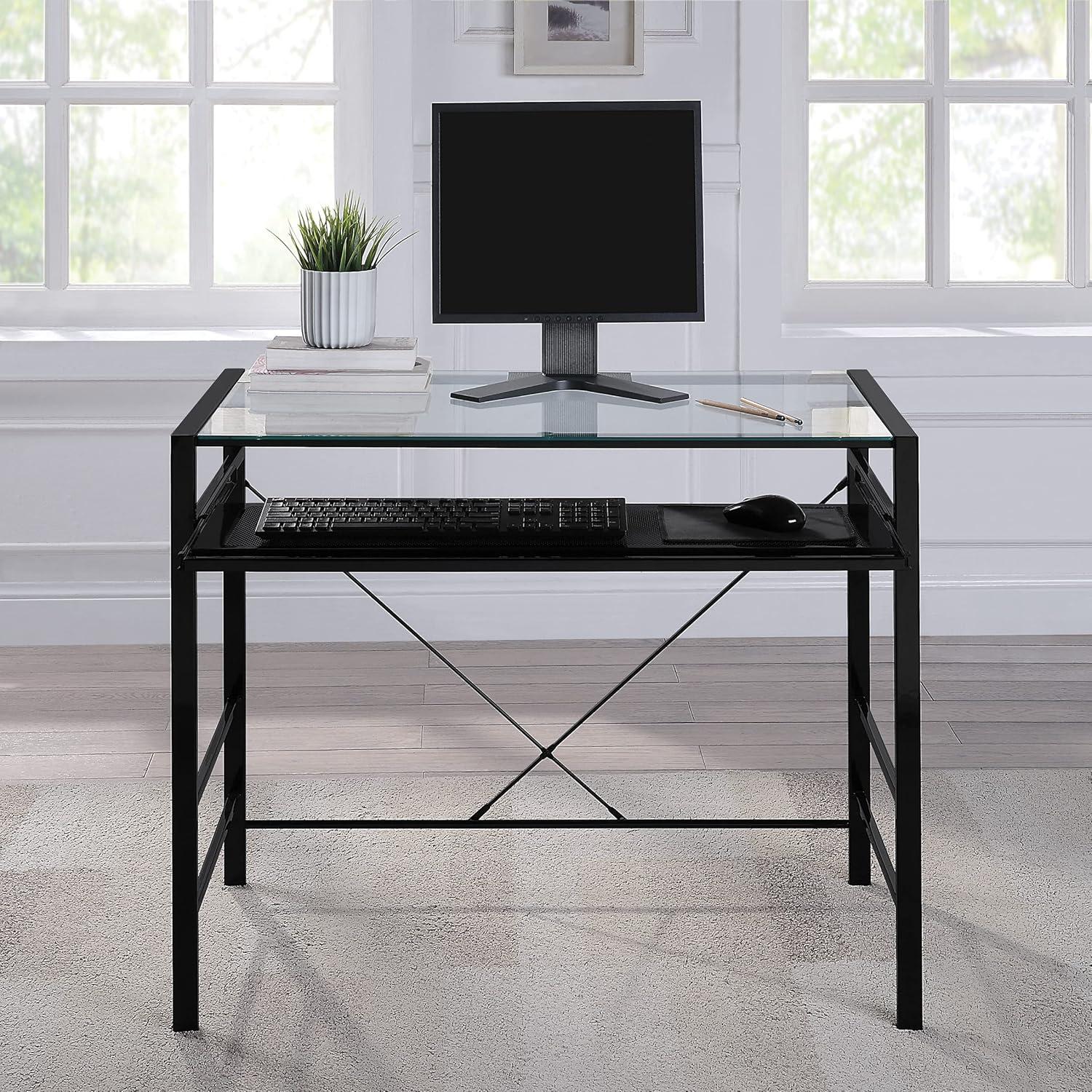 Zephyr Computer Desk with Clear Tempered Glass Top and Black Metal Frame