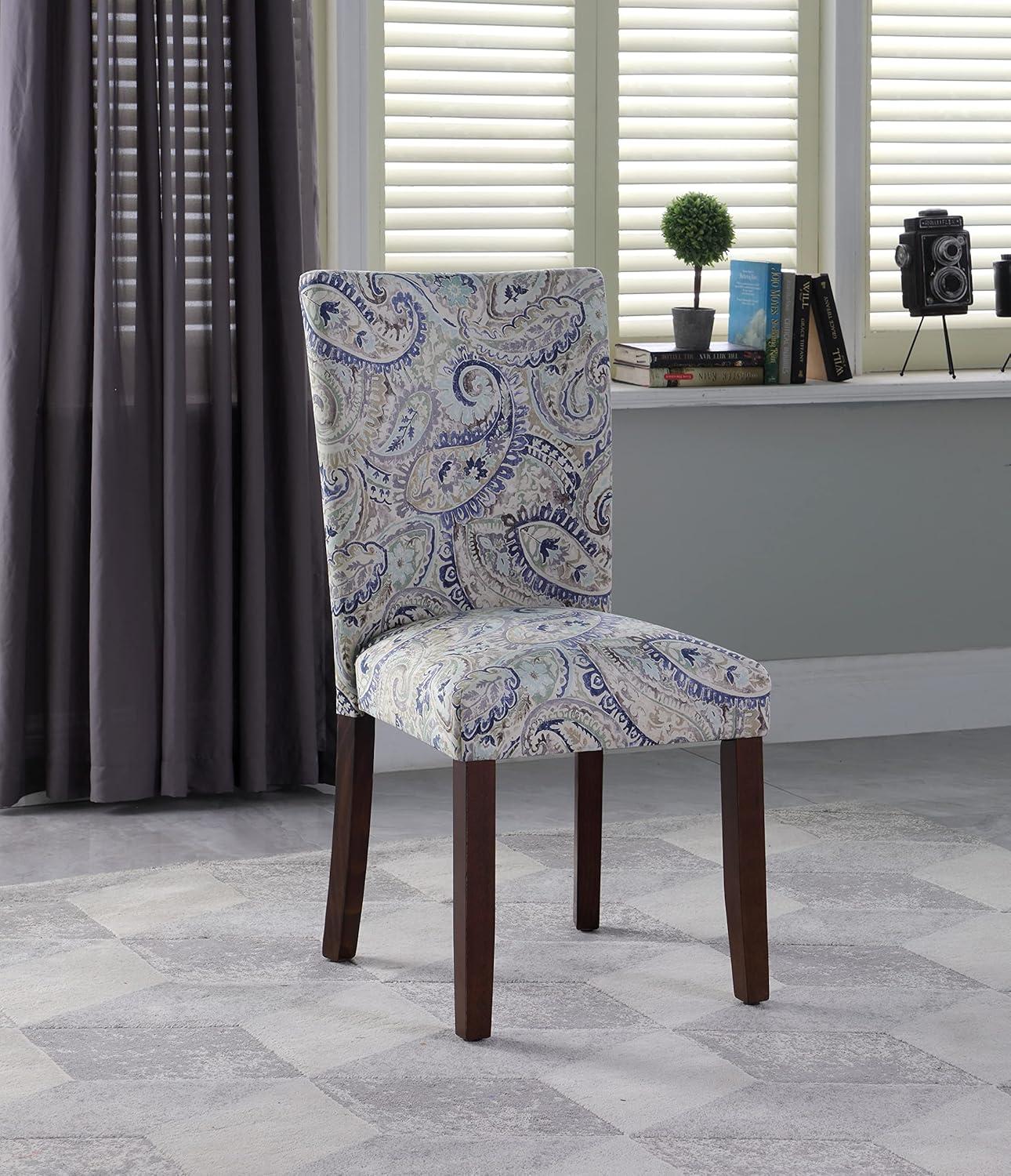 Set of 2 Blue Velvet Paisley Parsons Side Chairs with Wood Legs