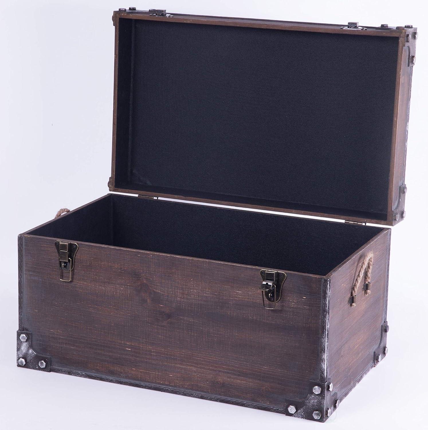 Distressed Dark Brown Wooden Storage Trunk with Metal Accents