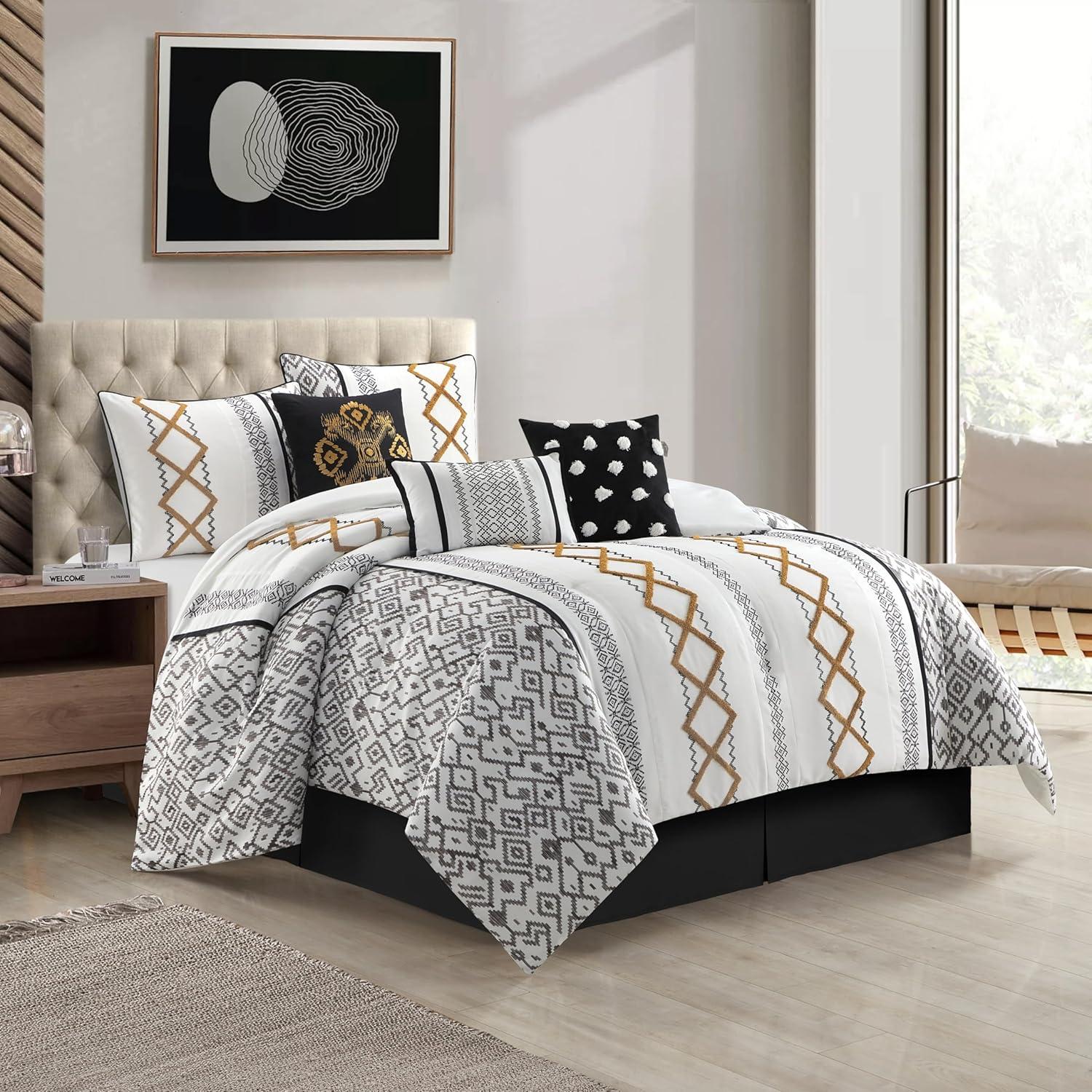 Lanco Luxury Black Gold Comforter Set California King Size , 7 Piece Terry embroidery, All Season Bedding Set