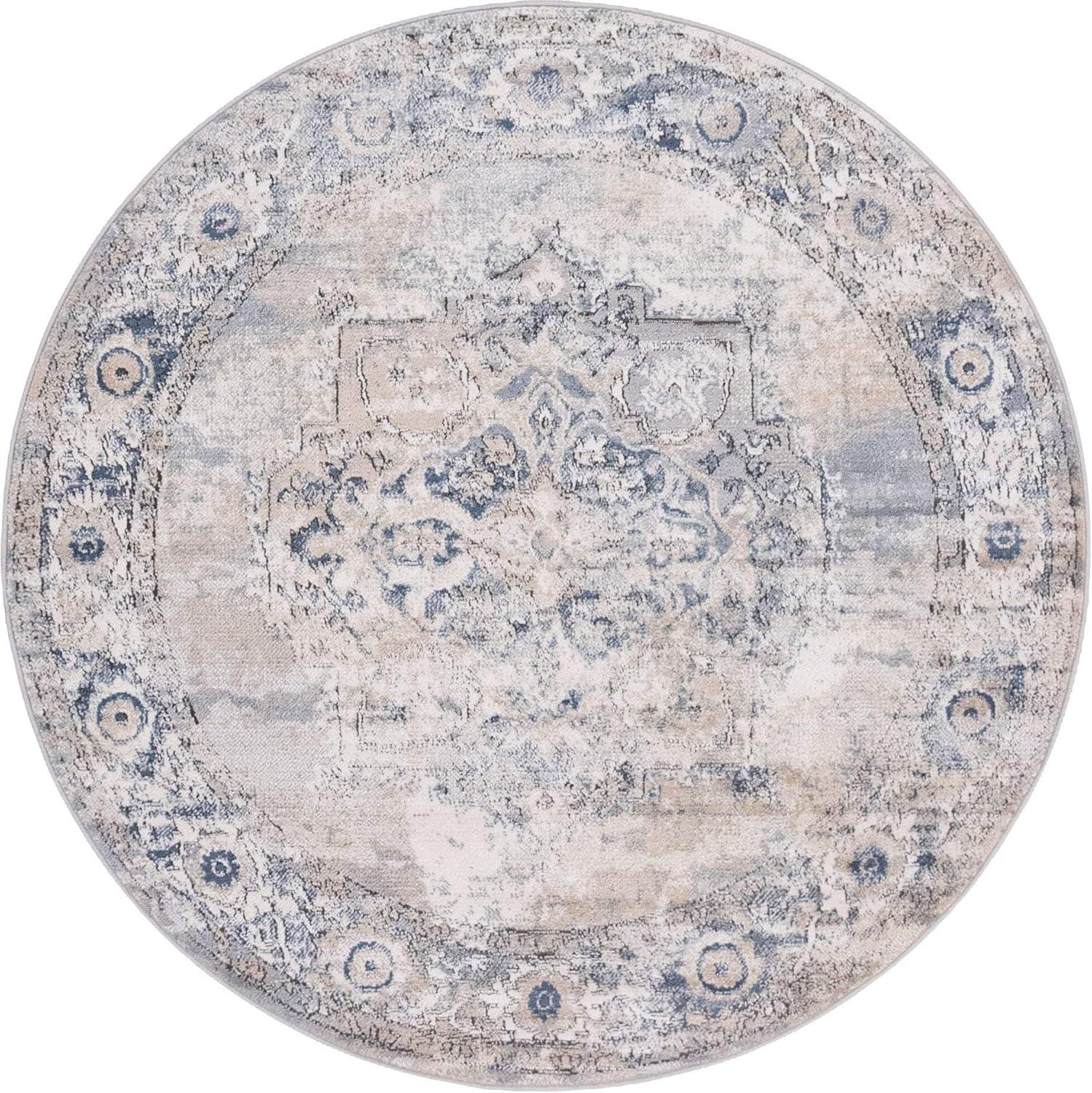 Rugs.com Oregon Collection Rug – 5 Ft Round Gray Low-Pile Rug Perfect For Kitchens, Dining Rooms