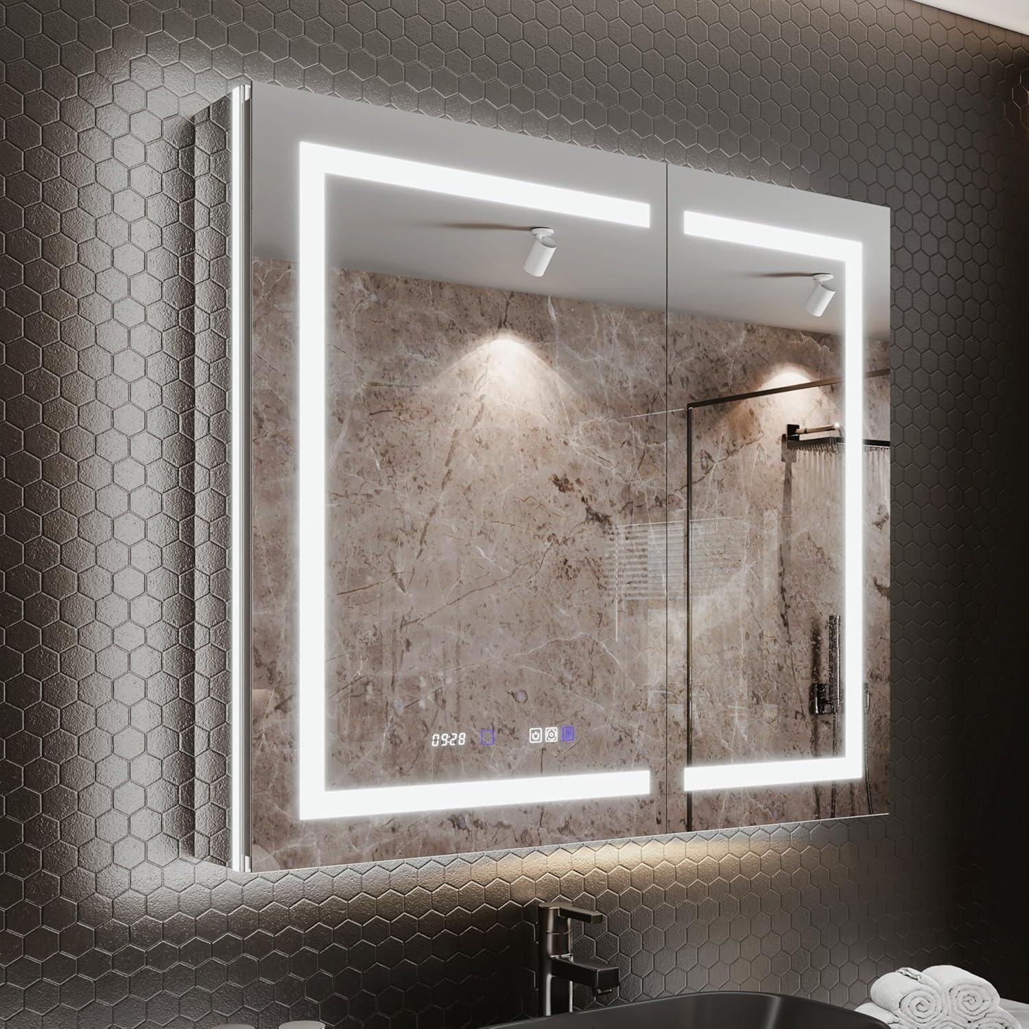 MEDUNJESS 72''x36'' Surface or Recessed Mount LED Medicine Cabinet with Mirror and Defogger 3 doors Medicine Cabinet