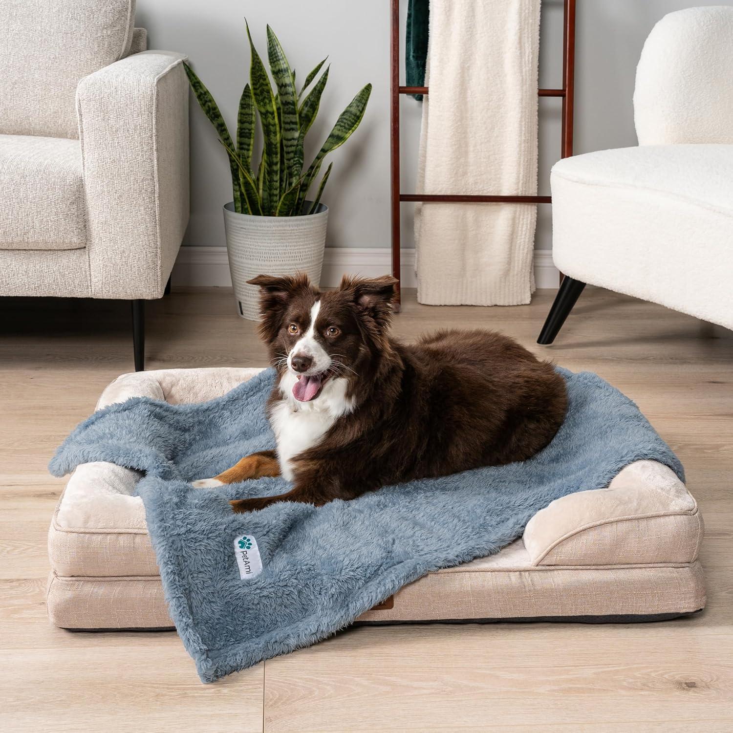 PetAmi Fluffy Waterproof Dog Blanket For Pet Cat Puppy, Soft Faux Shearling Throw Couch Cover, Plush Washable Reversible