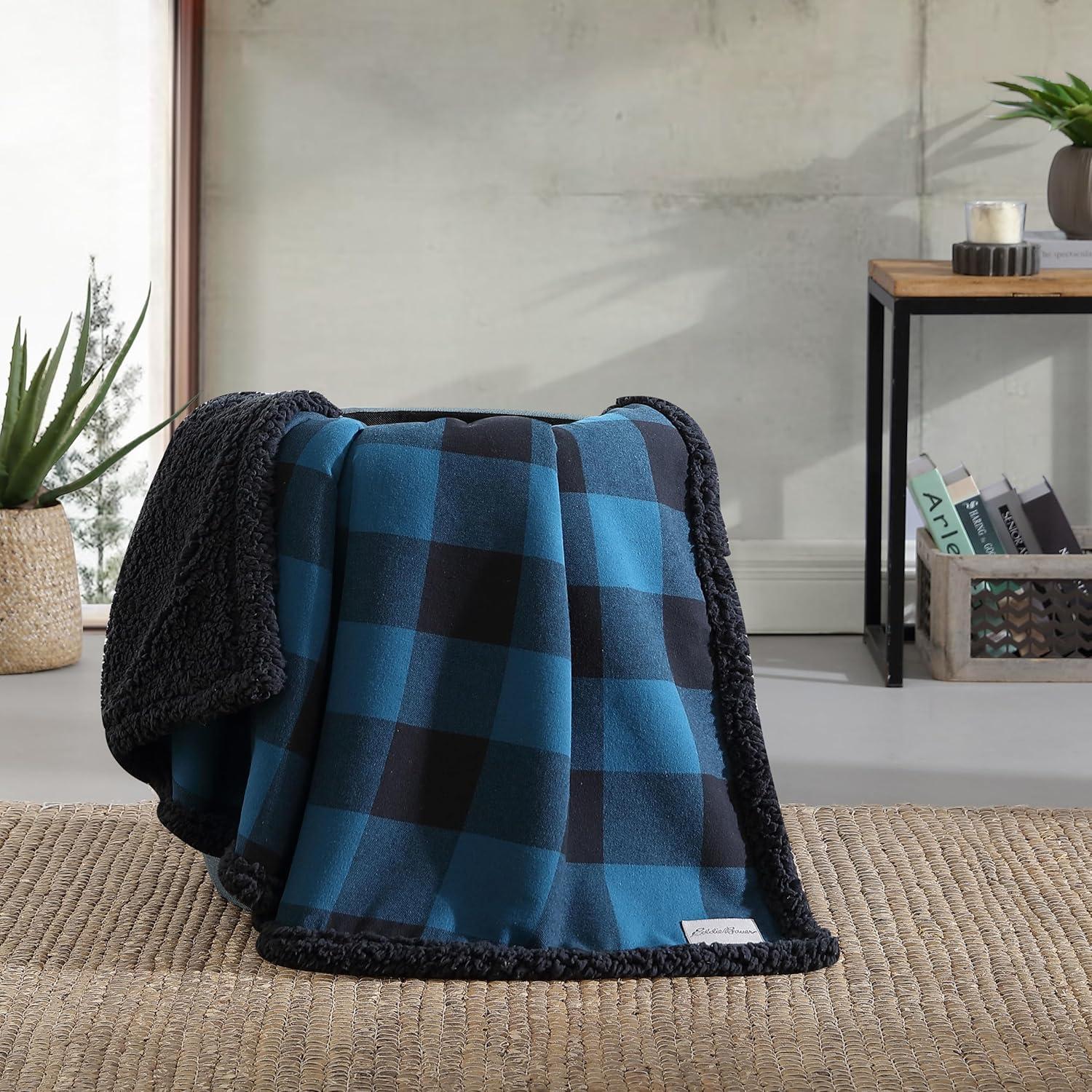 Blue and Black Reversible Sherpa Fleece Throw Blanket