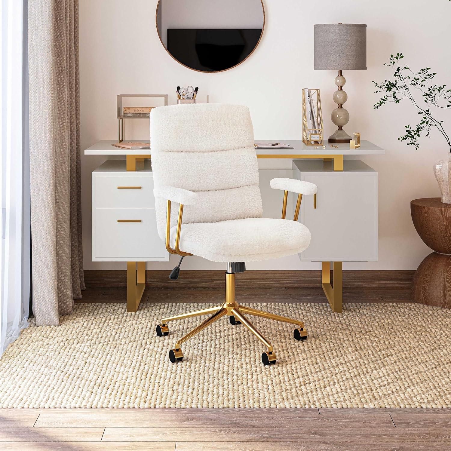 Techni Mobili Elegant Textured Boucle White and Gold Office Chair