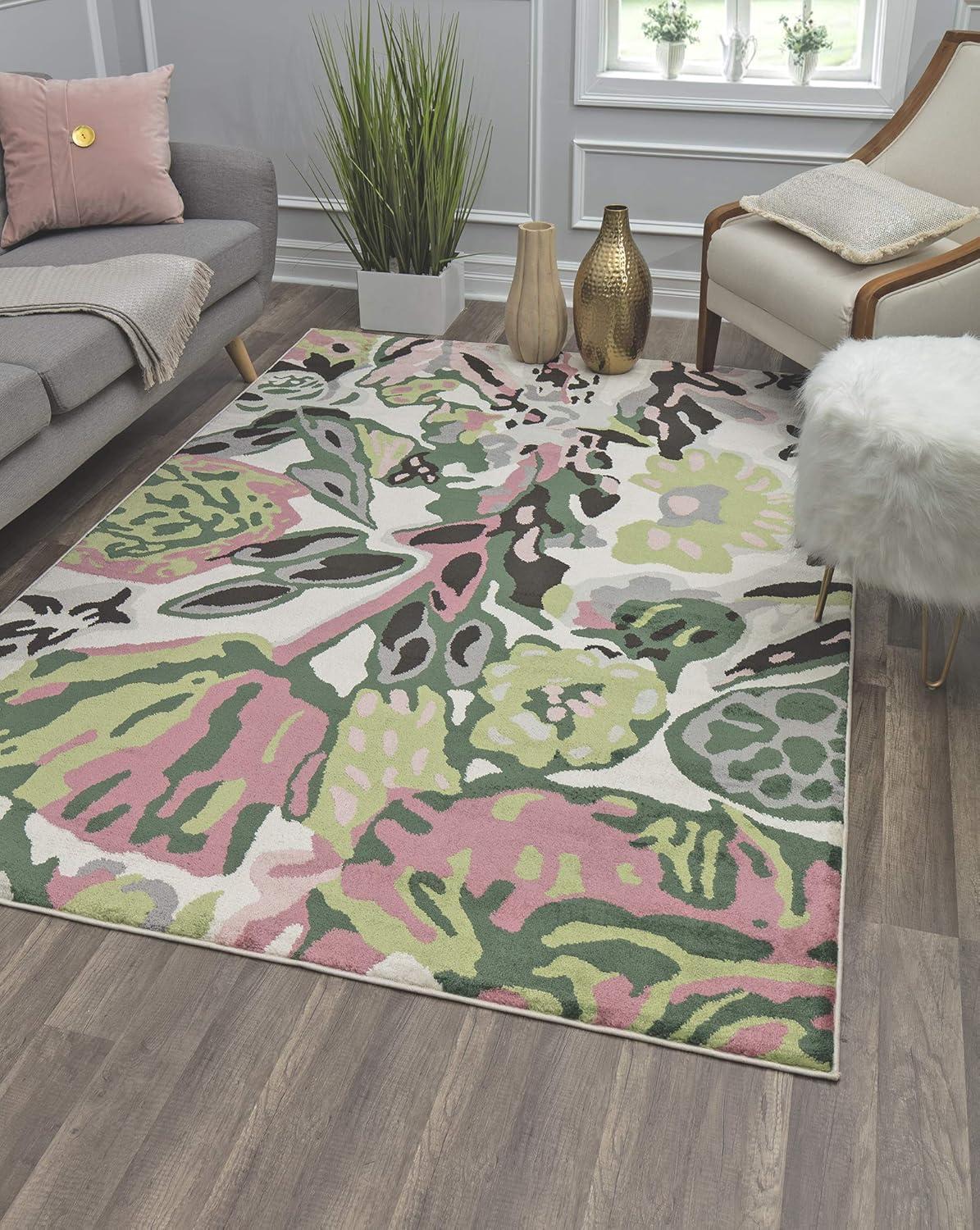 May Flowers 8' x 10' Ivory and Green Synthetic Floral Area Rug