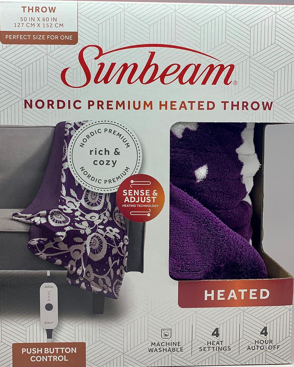 Sunbeam Nordic Premium Electric Heated Throw Blanket with 4 Heat Settings Controller, 4-Hour Auto Shut-Off, Overheat Protection UL Certified (50" x 60") (Purple Floral)