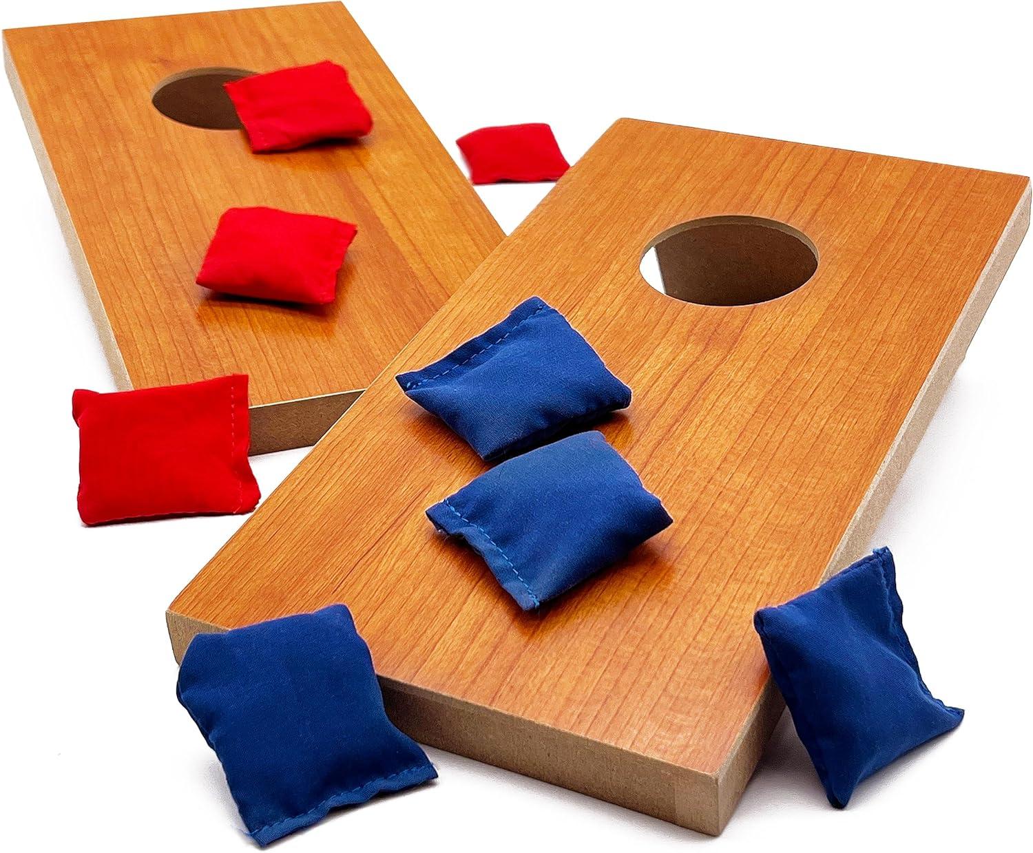 Miniature Wood Cornhole Set with Red and Blue Bean Bags