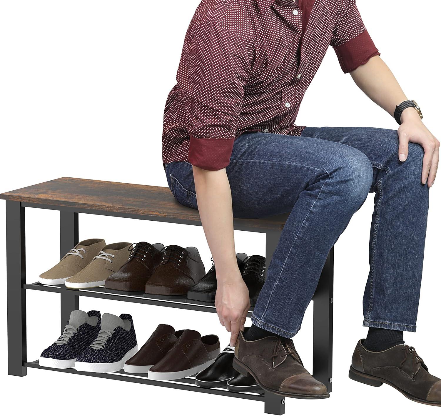 Rustic Brown Metal Frame Shoe Storage Bench with Wood Top