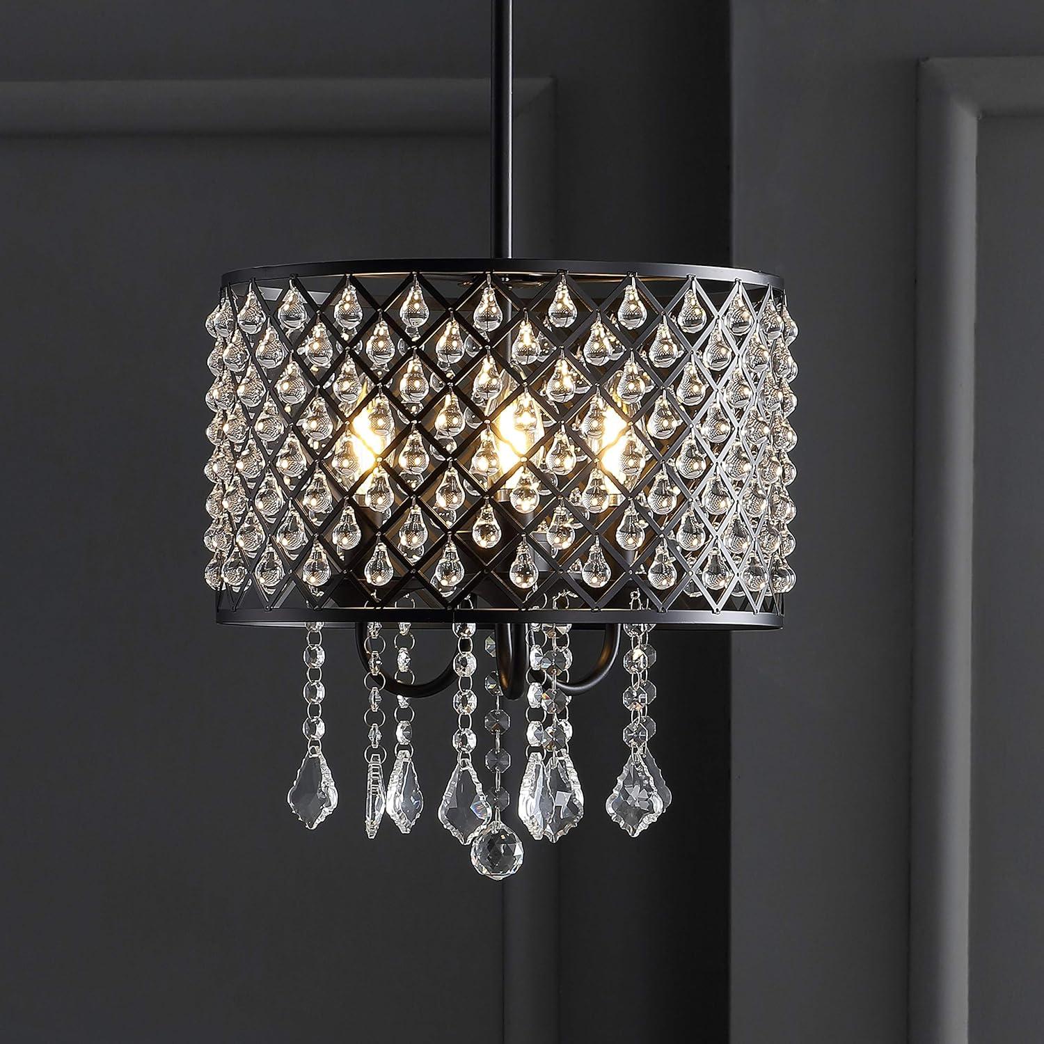 Gigi 13" Metal/Crystal Adjustable LED Drop Chandelier, Black/Clear