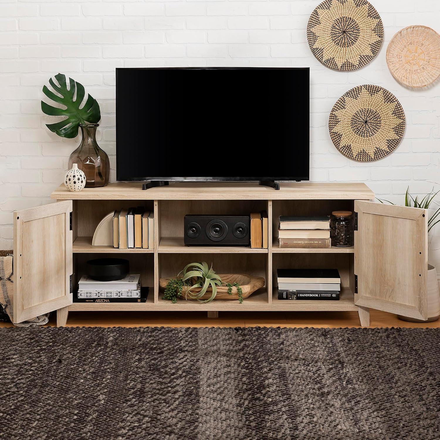 Transitional Grooved-Door 58" White Oak TV Stand with Cabinet