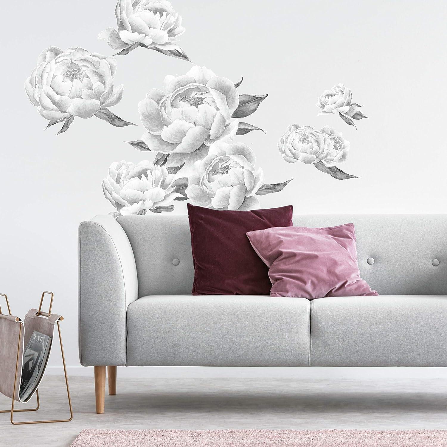 Peonies Peel and Stick Giant Wall Decal Black - RoomMates: Vinyl Botanical Sticker, Modern Decor, 15pc