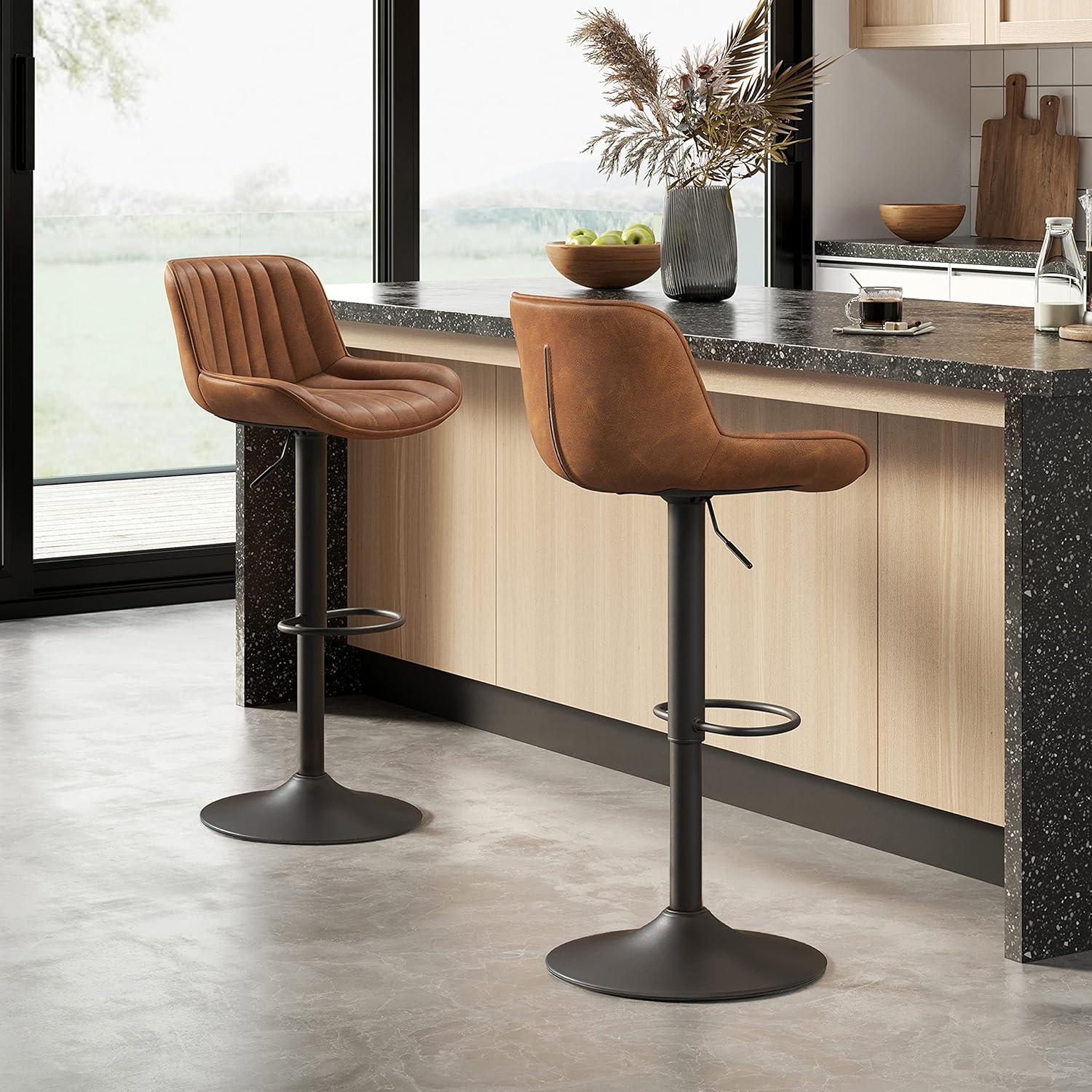 Art Leon Bar Stools Set of 2, PU Leather Swivel Steel Legs,Brown