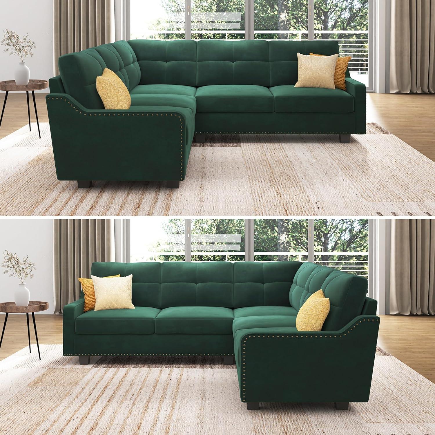 HONBAY Velvet L Shaped Couch Corner Sofa for Living Room Furniture Sets in Green