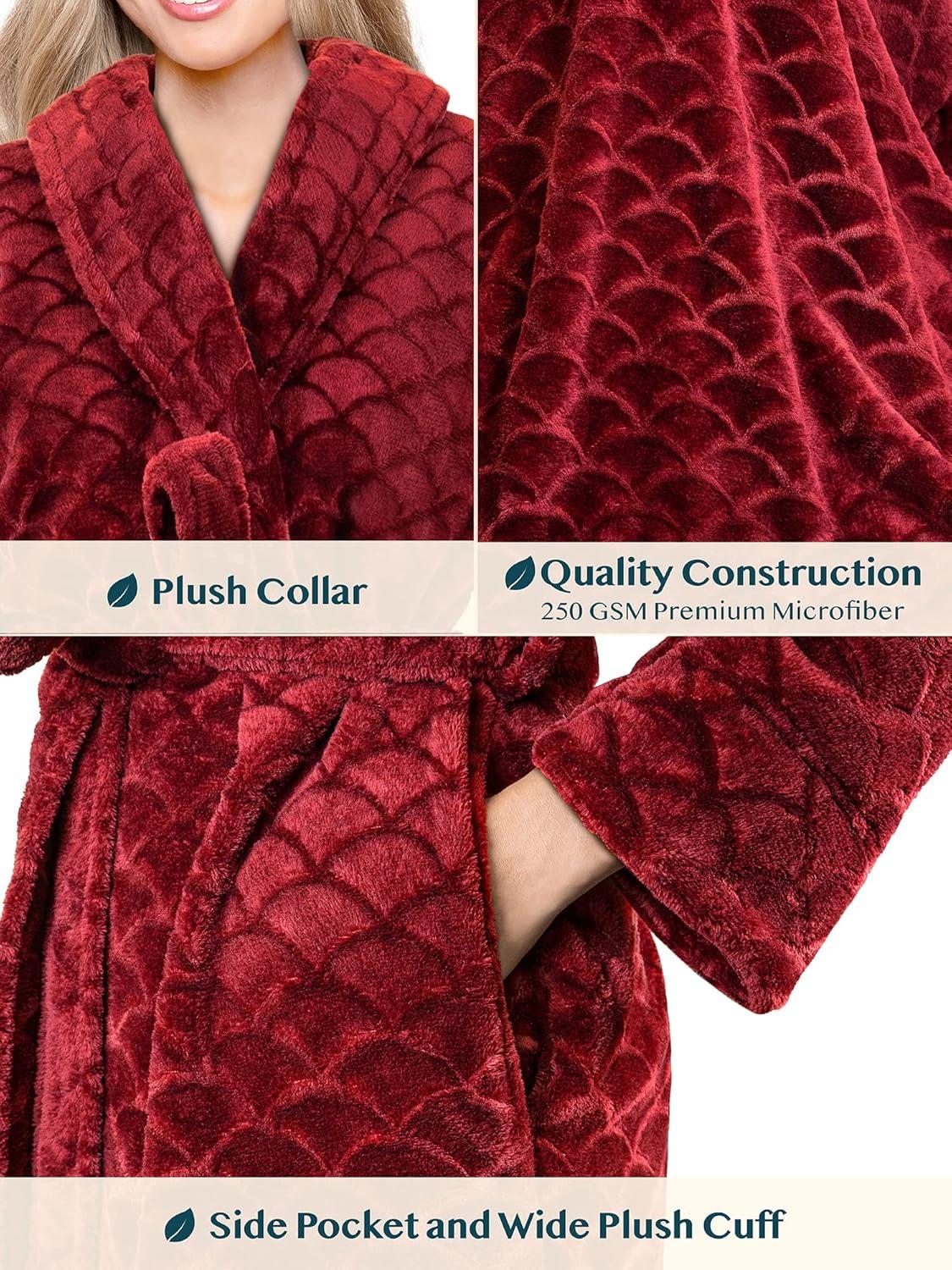 PAVILIA Short Robes for Women, Plush Soft Bathrobe Womens Lightweight, Fluffy Fuzzy Robe Knee Length, Shower Spa (Dark Red, Large-X-Large)