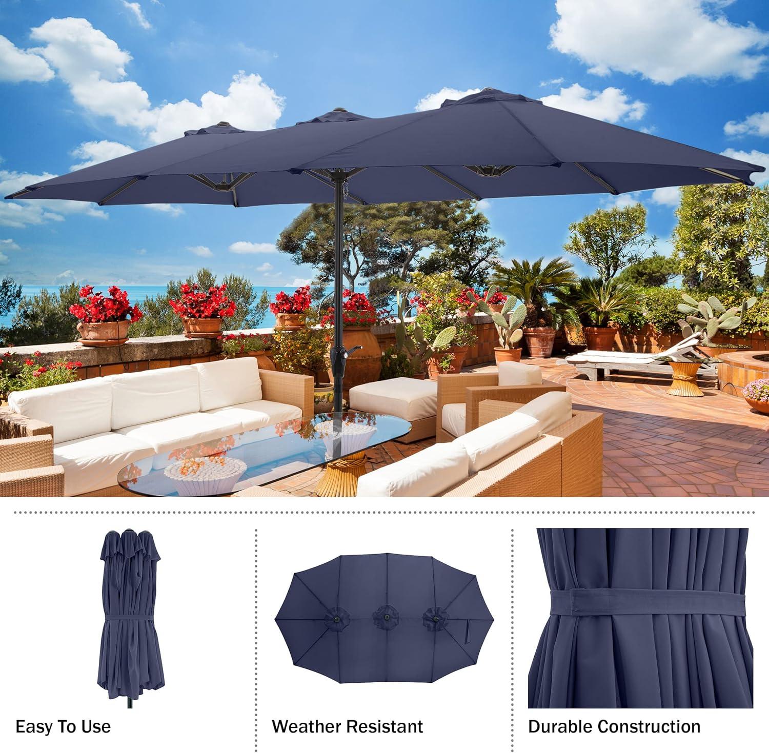 Extra Large Outdoor Umbrella - 15 Ft Double Patio Shade with Easy Hand Crank for Outdoor Furniture, Deck, Backyard, or Pool by Pure Garden (Navy)