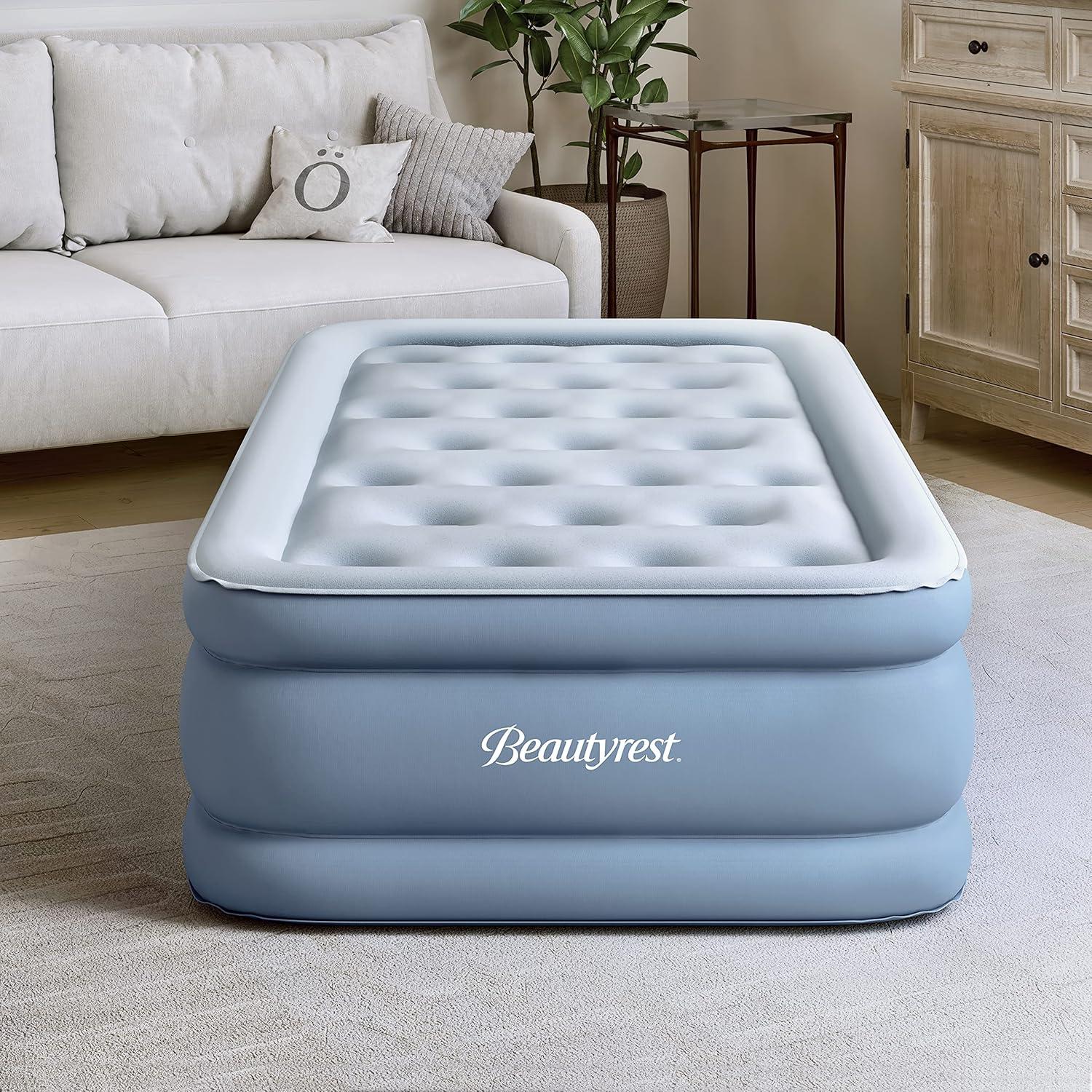 Twin Blue Vinyl Air Bed Mattress with Pump and Raised Edge